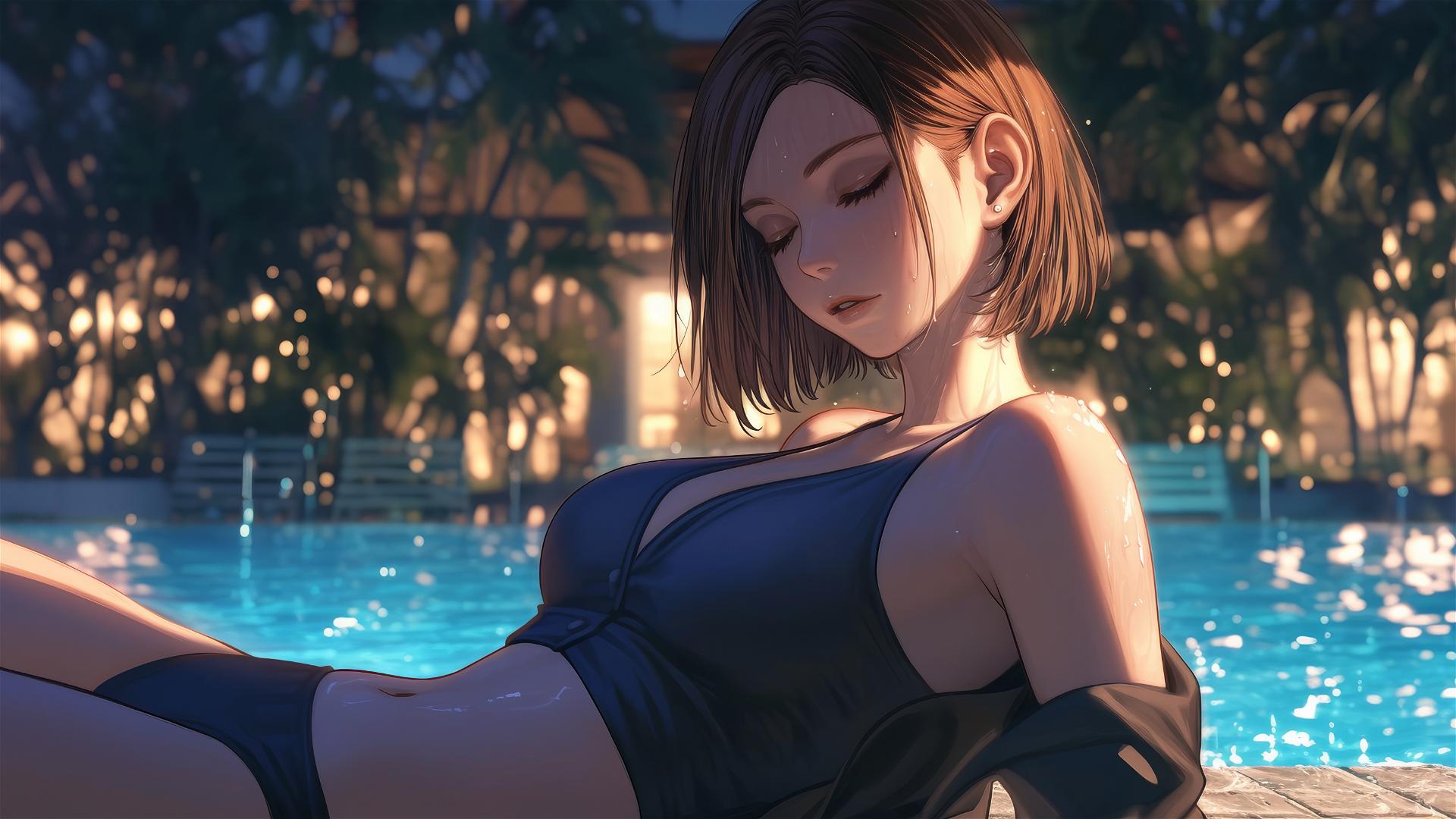 Nobara Kugisaki from Jujutsu Kaisen rests by a rainy pool under moonlight.