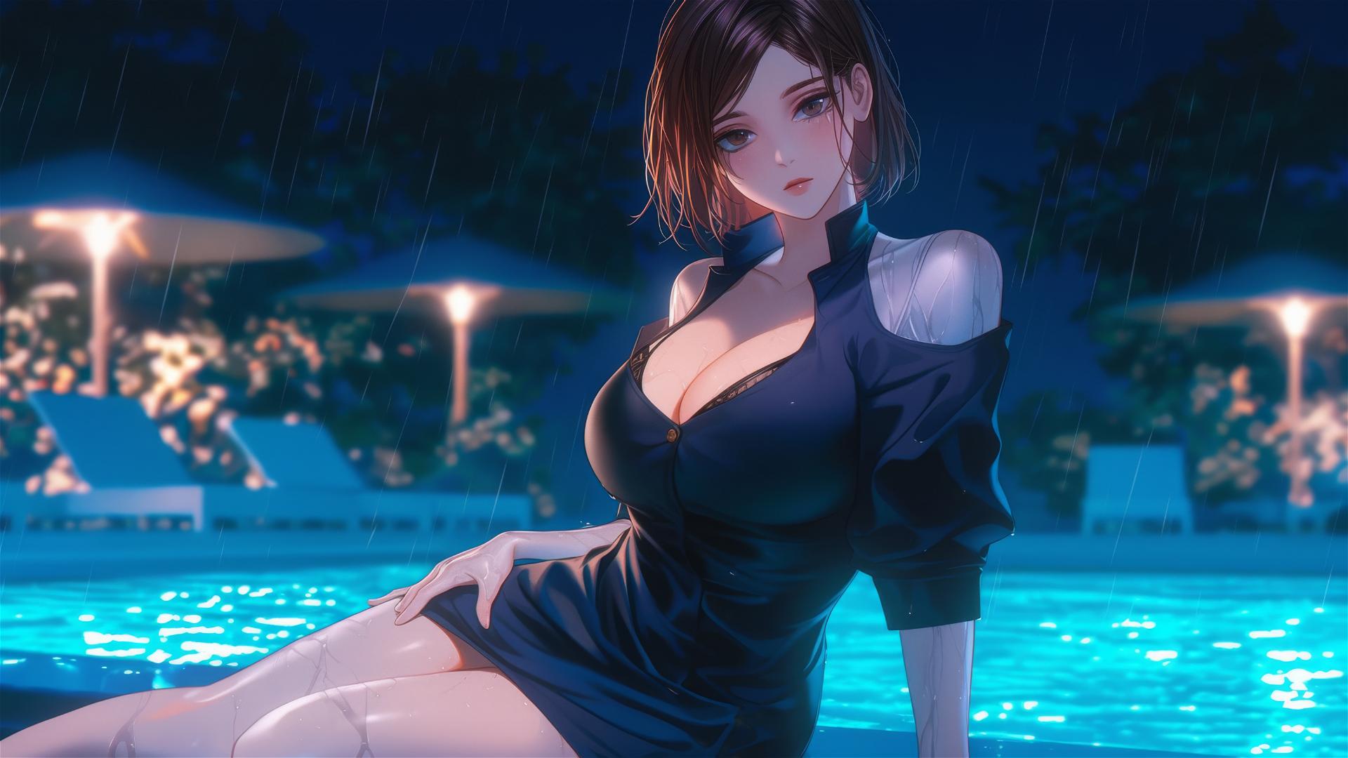 Nobara Kugisaki from Jujutsu Kaisen resting by a rainy swimming pool in moonlight