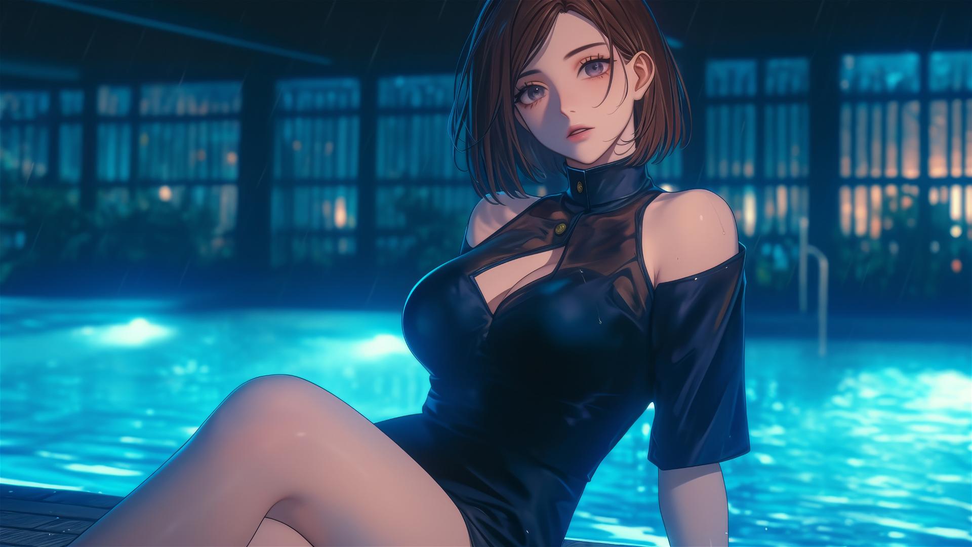 Nobara Kugisaki from Jujutsu Kaisen resting by a rainy pool under moonlight