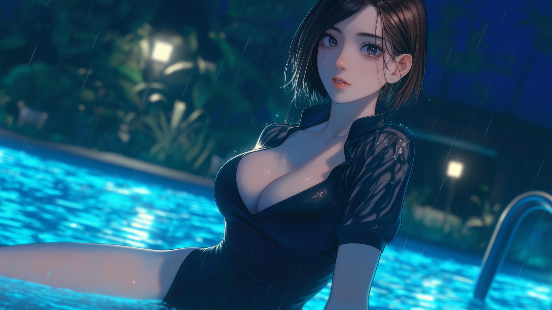 Nobara Kugisaki relaxing by a rainy pool under moonlight with short brown hair