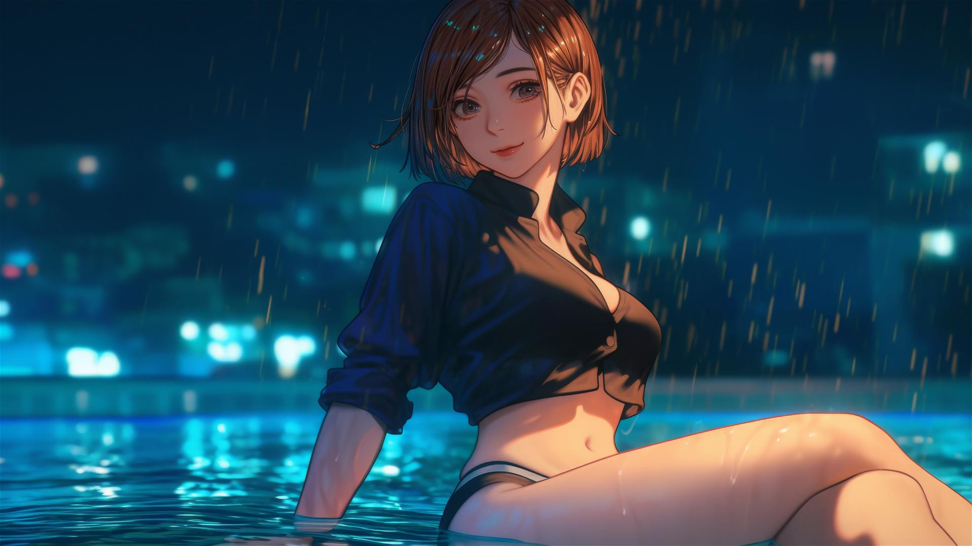 Nobara Kugisaki from Jujutsu Kaisen by a rainy pool under moonlight