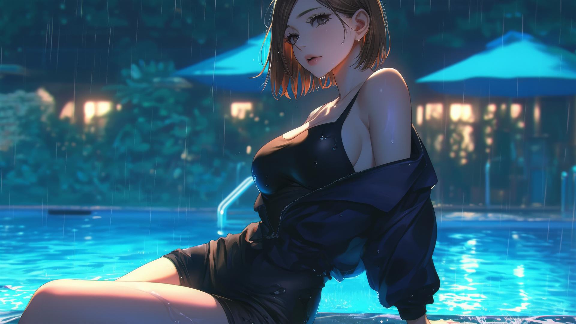 Nobara Kugisaki resting by a rainy pool under moonlight
