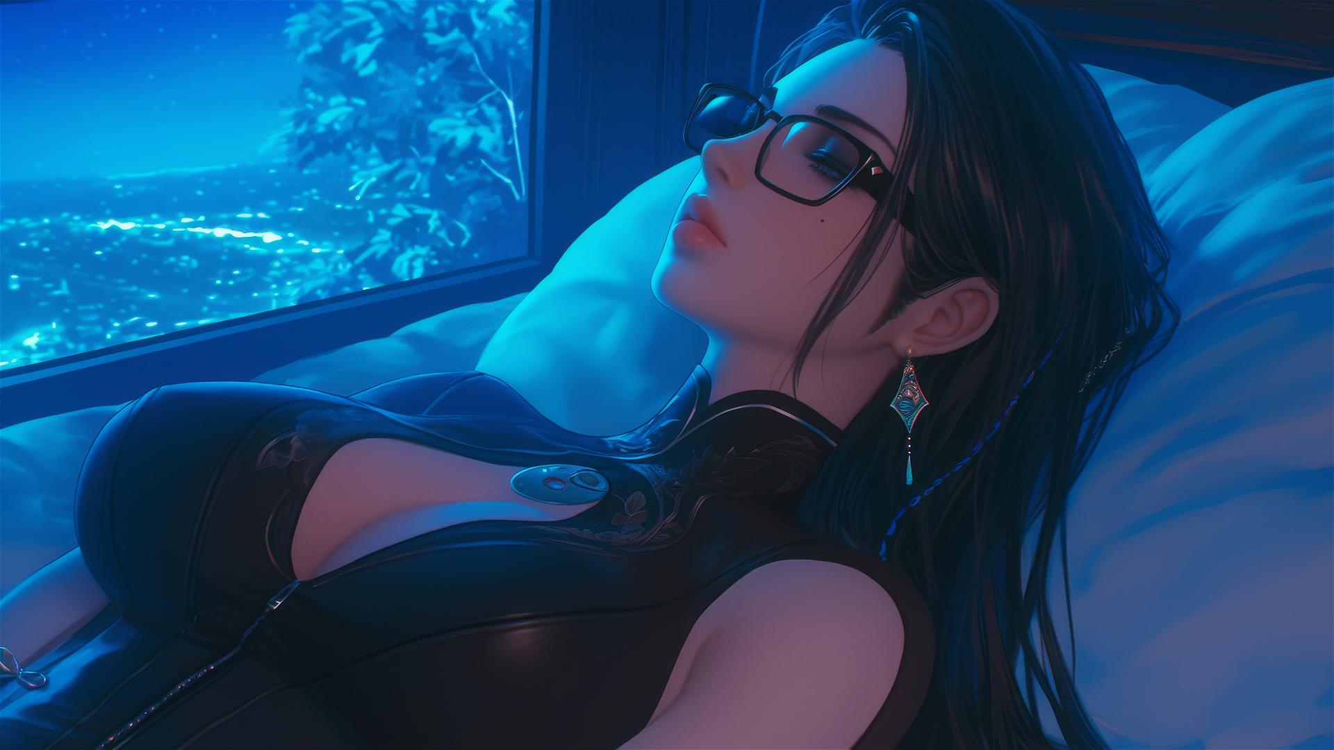 Bayonetta resting in a modern hotel room with moonlight glow