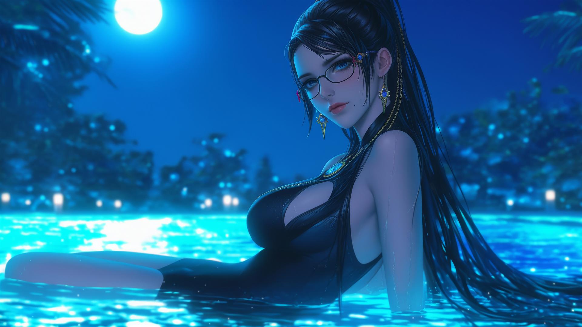 Bayonetta resting at a rainy swimming pool under moonlight.