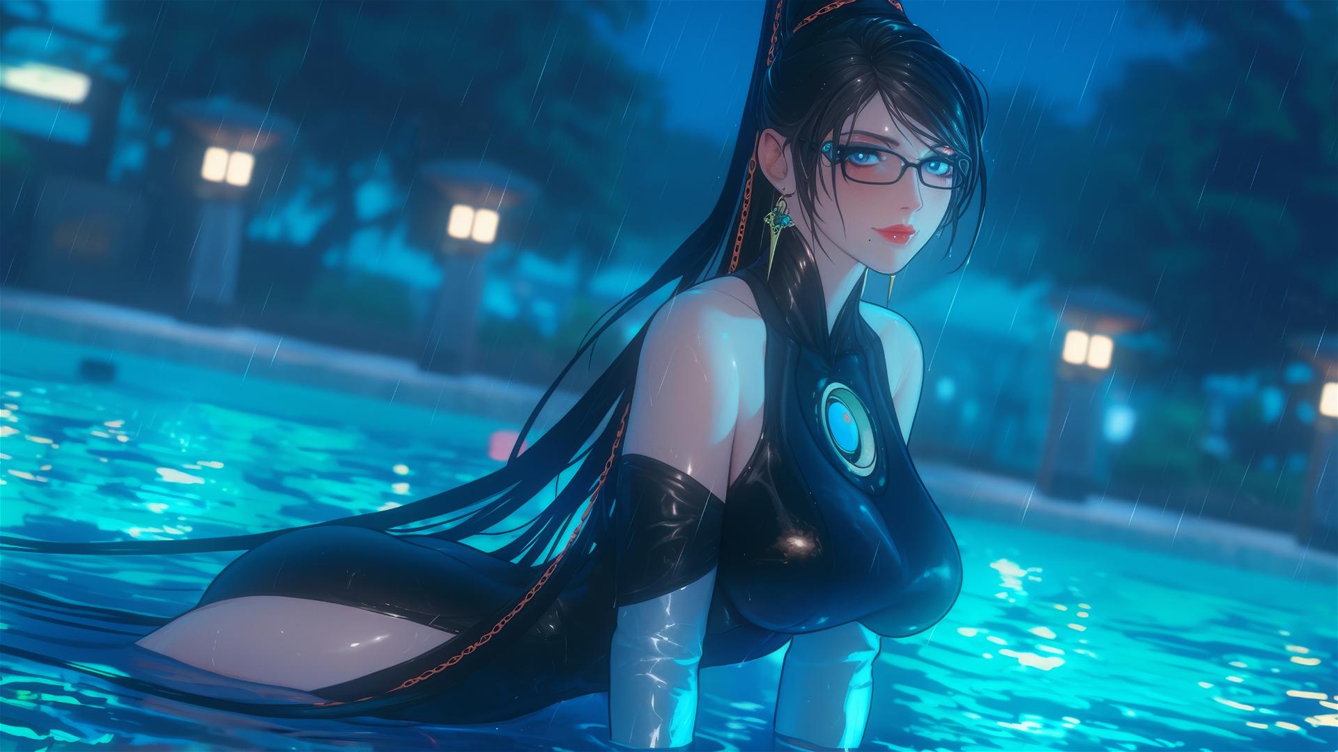 Bayonetta resting at a rainy pool under moonlight