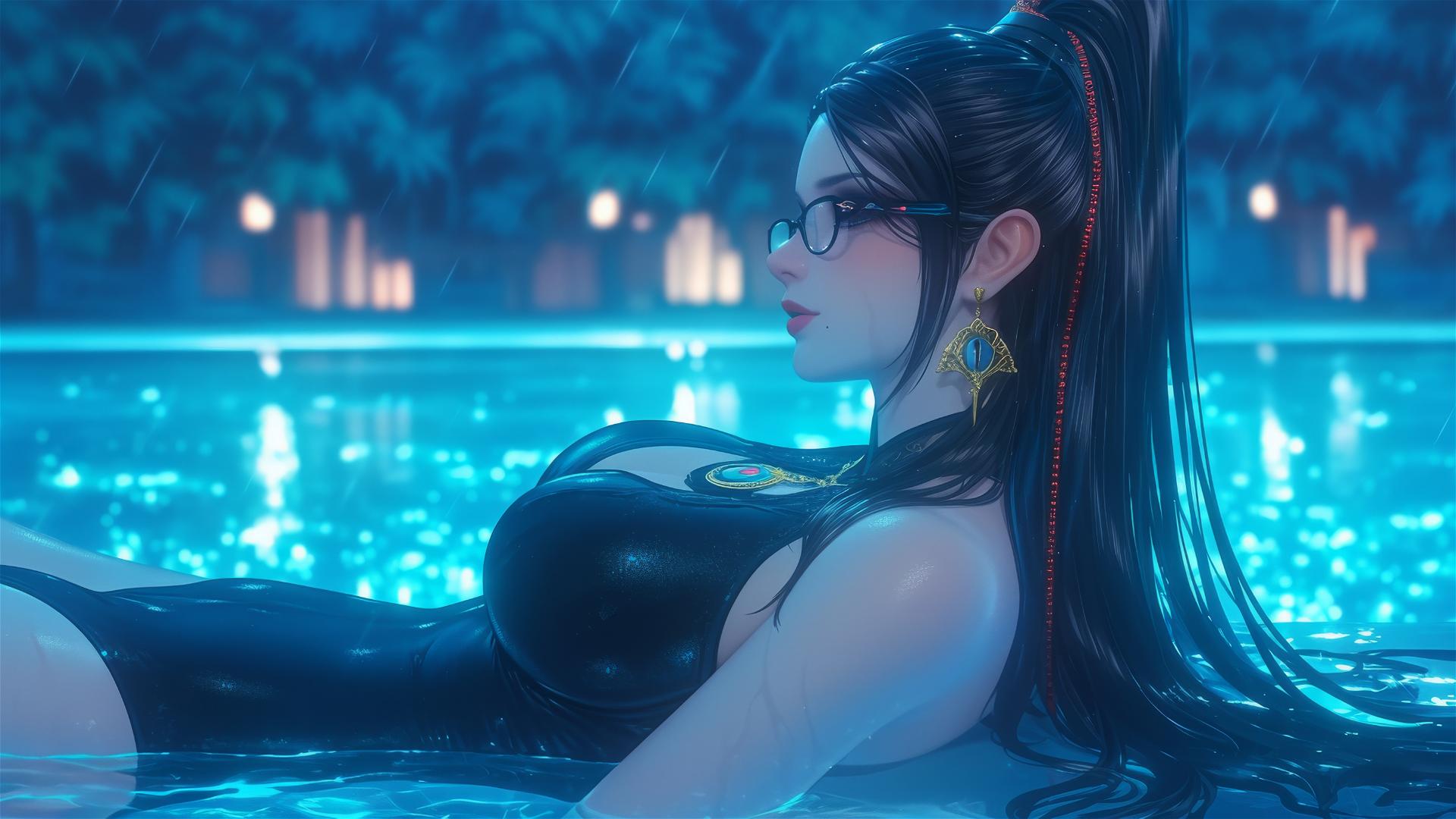 Bayonetta resting by a rainy pool under moonlight.