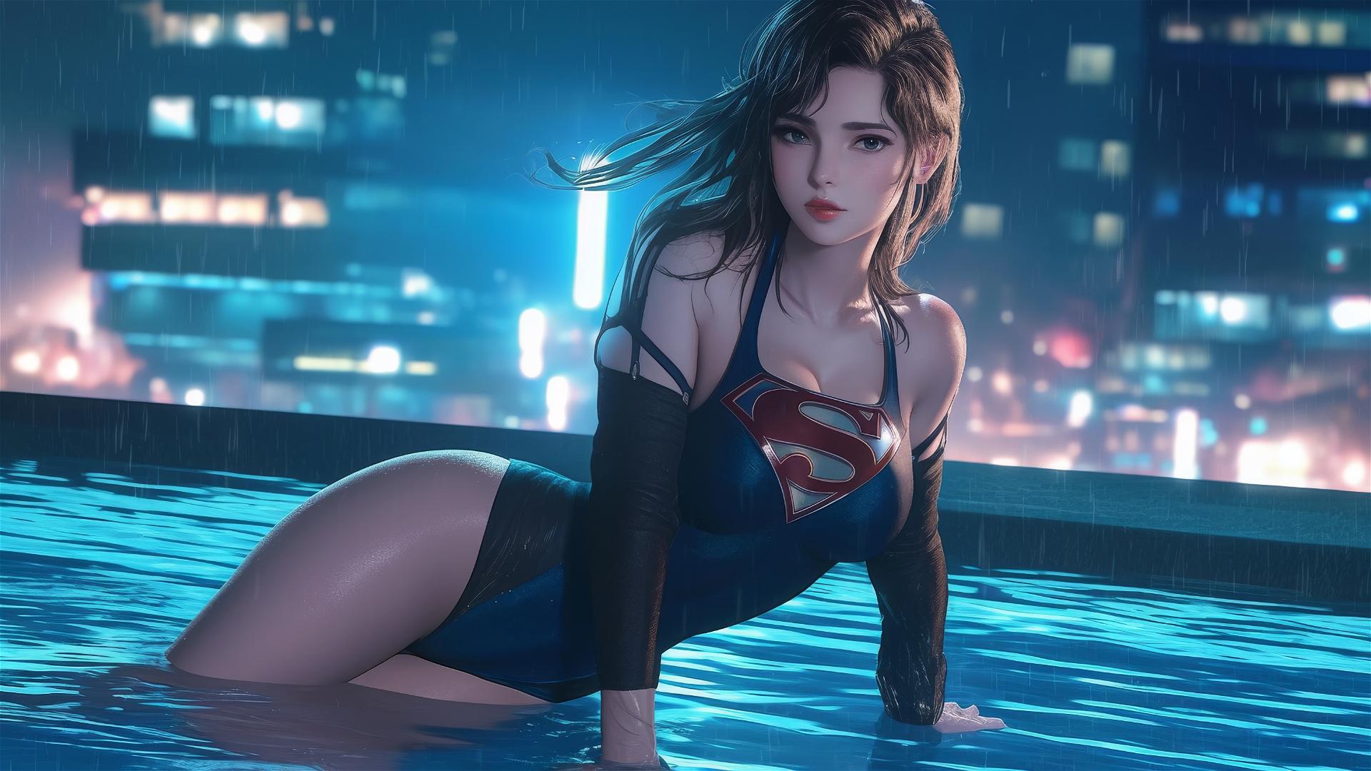 Superwoman relaxing at a rainy pool with moonlight glow