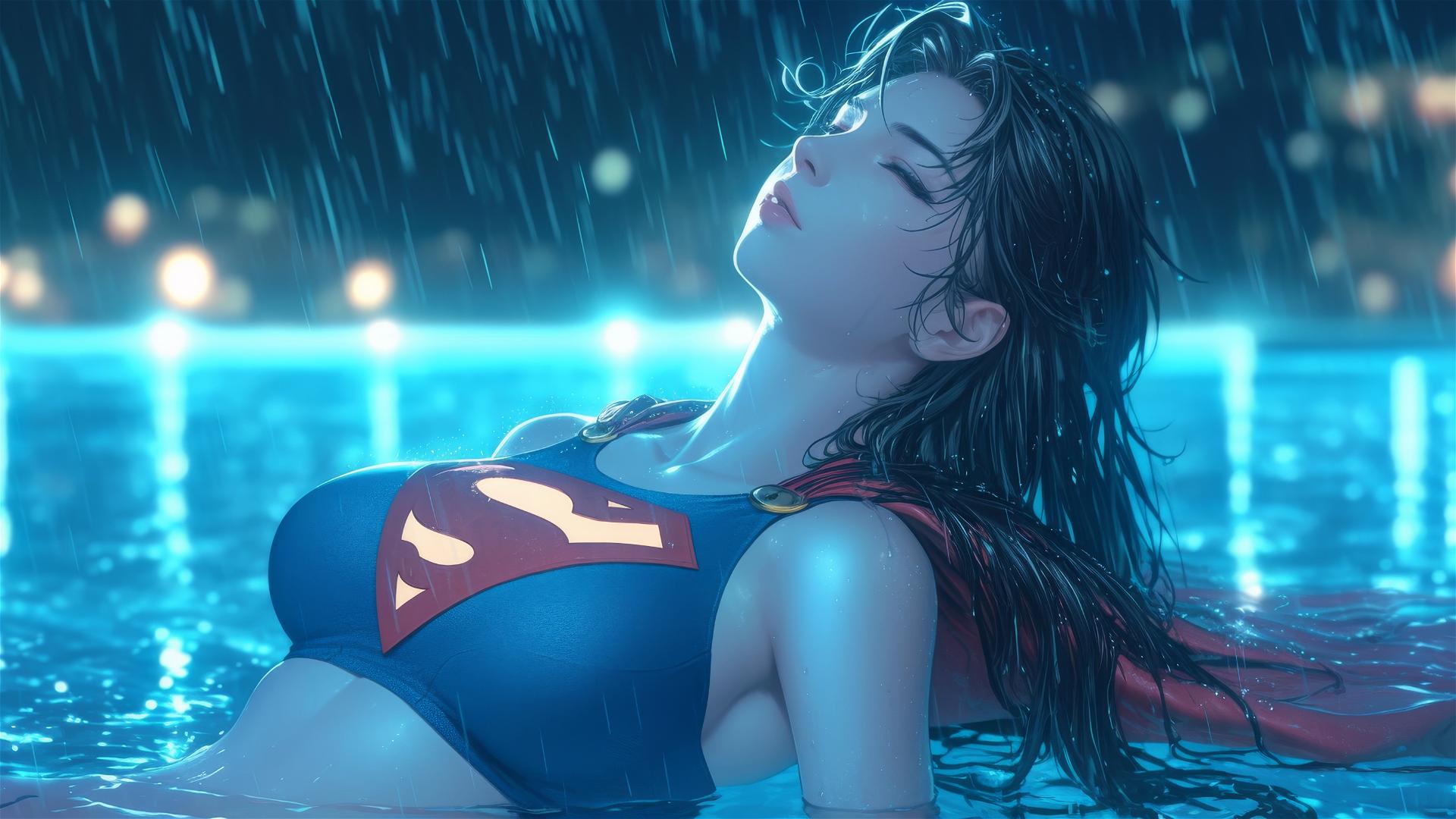 Superwoman resting beside rainy swimming pool with moonlight glow