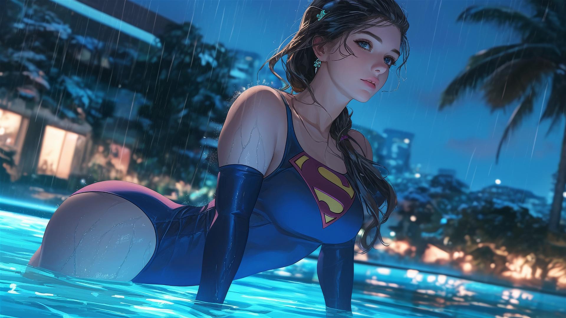 Superwoman leisurely resting at a rainy swimming pool with moonlight glow