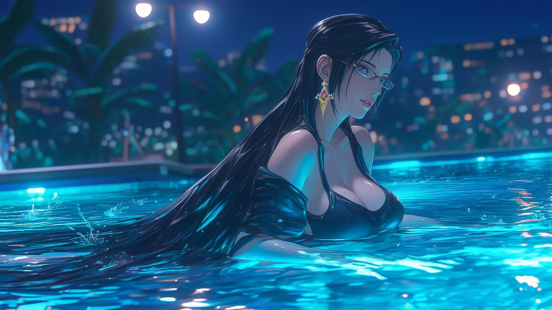 Bayonetta resting at a rainy pool with moonlight glow