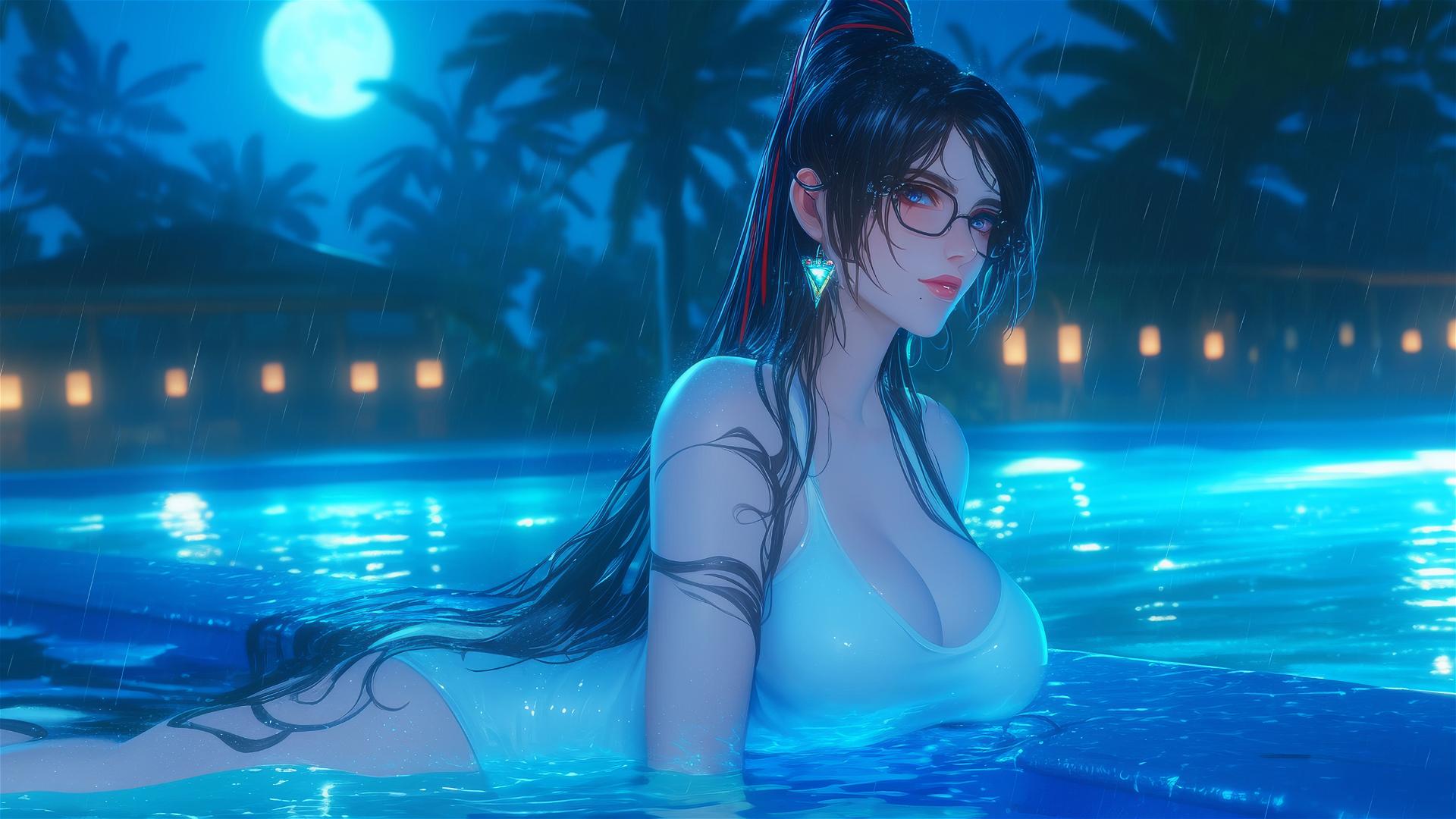 Bayonetta resting by a rainy pool under moonlight