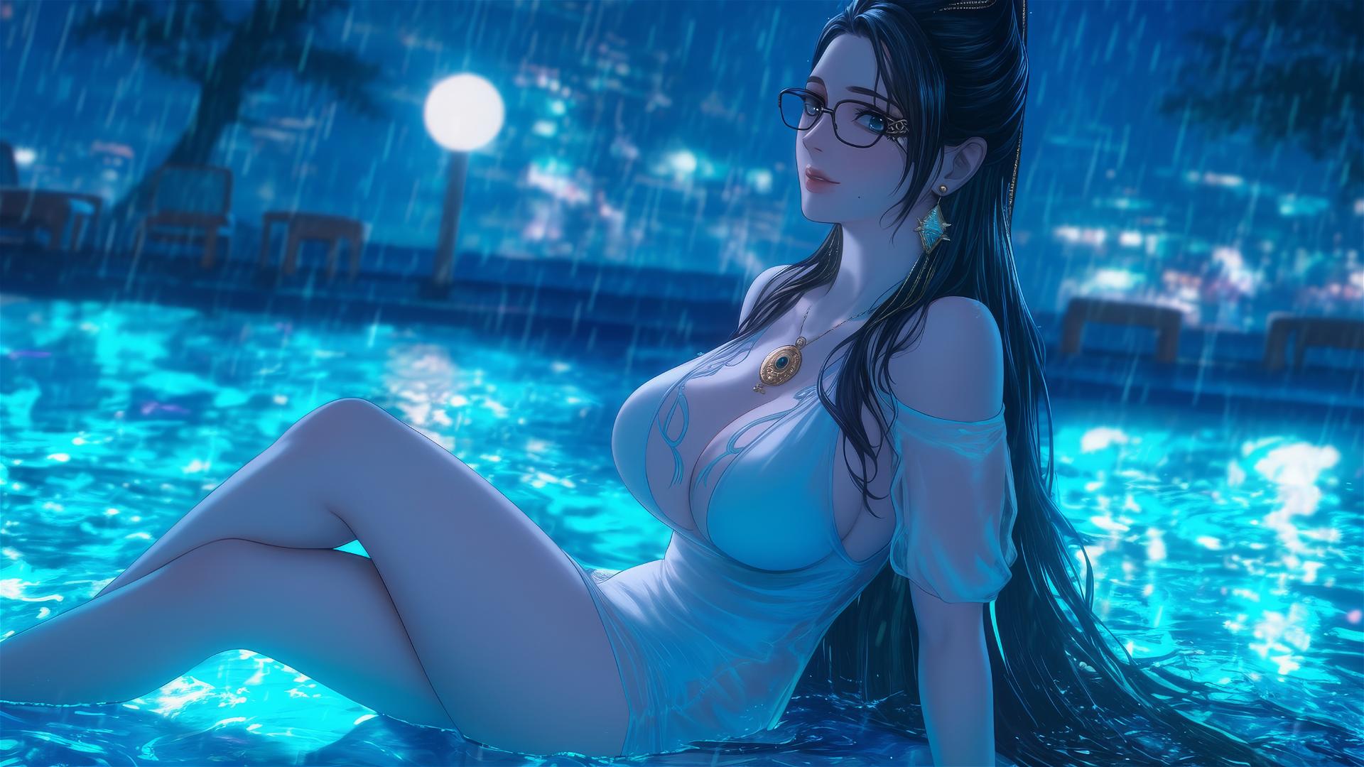 Bayonetta resting at a rainy swimming pool under moonlight
