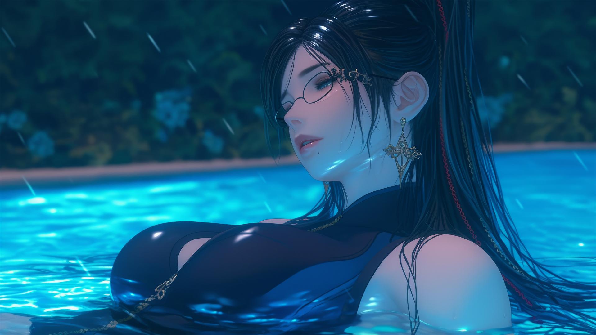 Bayonetta resting by a rainy pool under moonlight