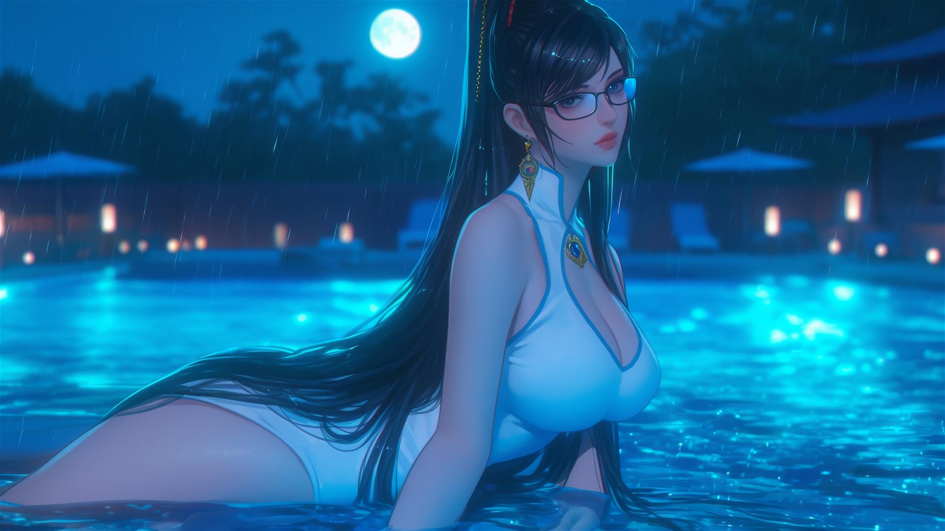 Bayonetta resting by a rainy pool with moonlight glow