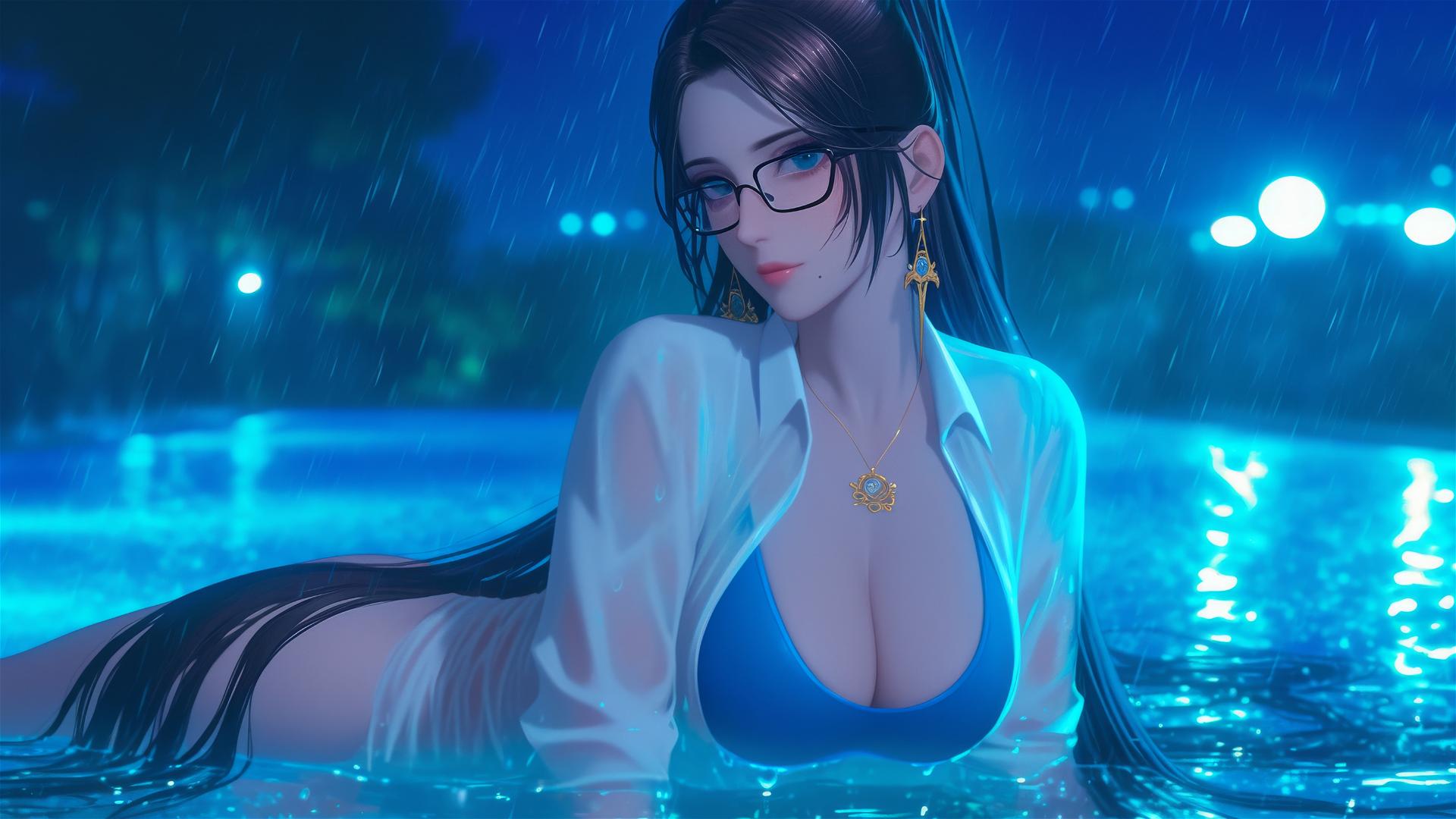 Bayonetta resting by rainy pool in moonlight