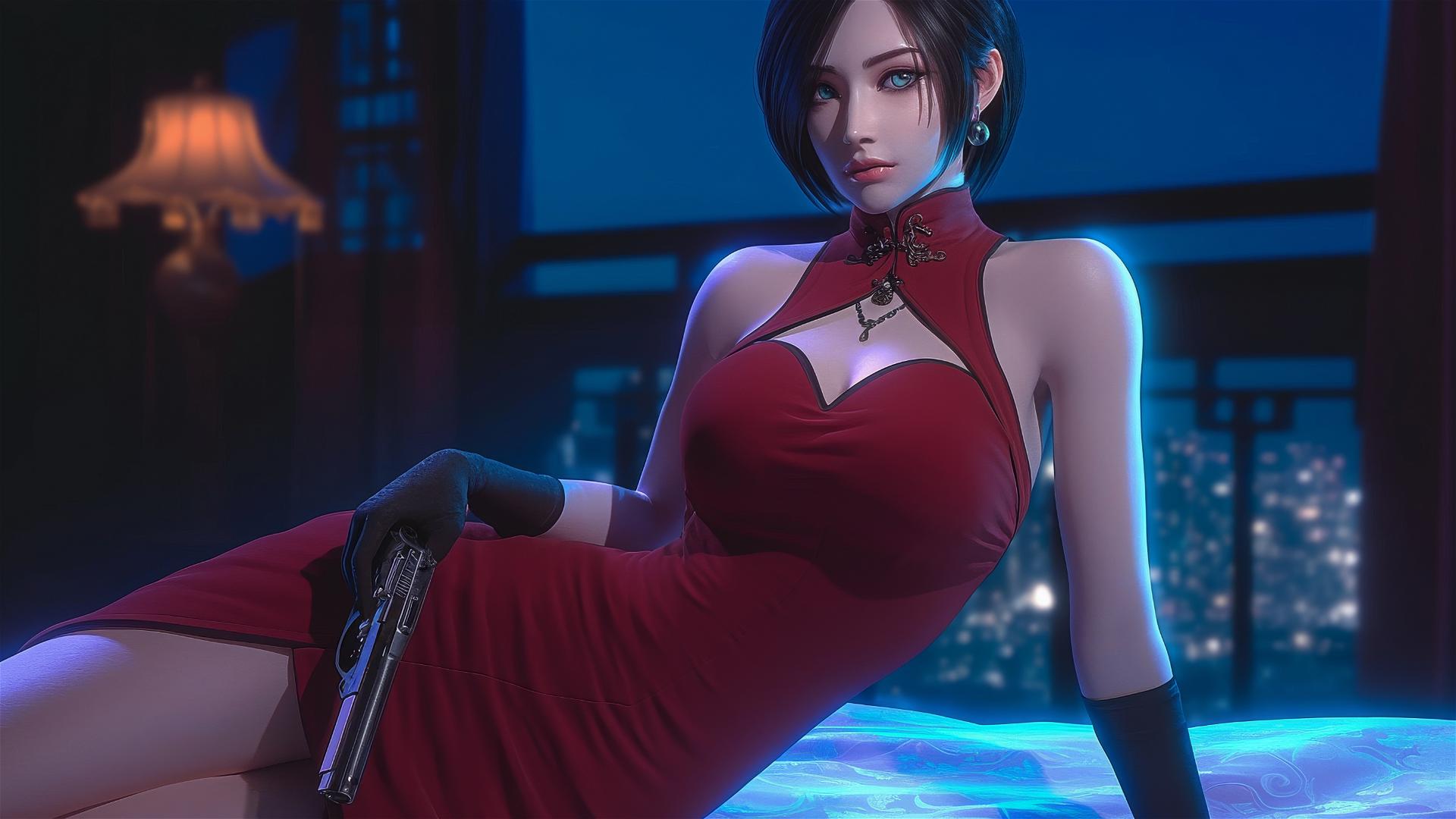 Ada Wong resting in a modern hotel room with moonlight glow