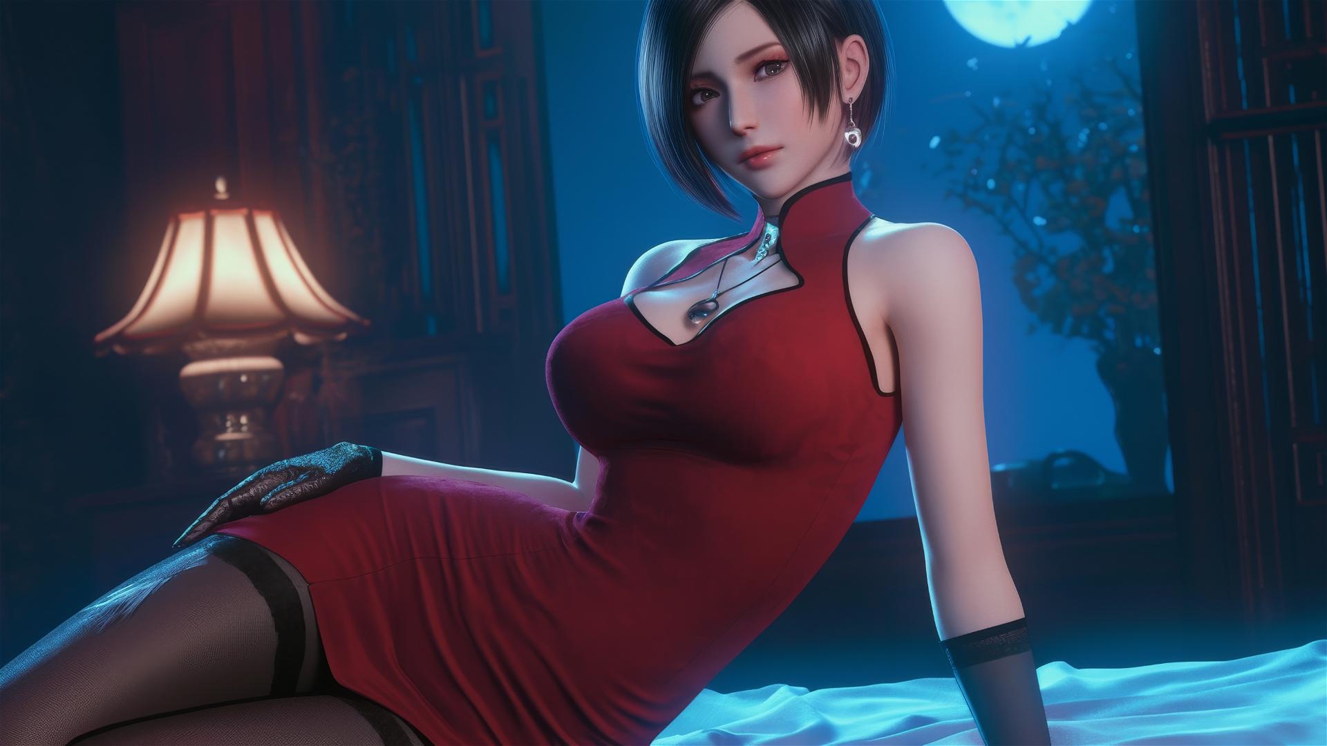 Ada Wong relaxing in a modern hotel room with moonlight glow