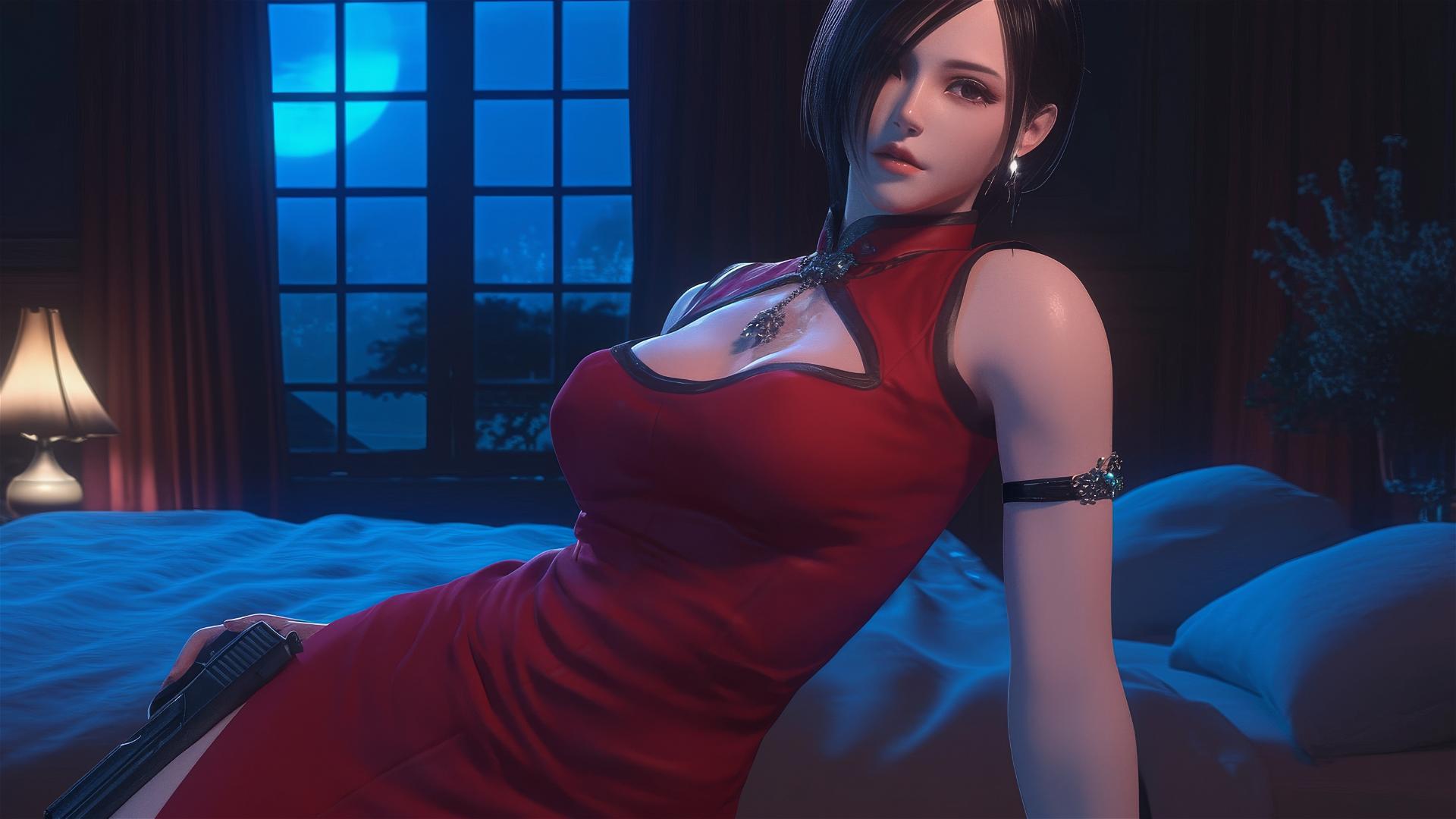 Ada Wong resting in a modern hotel room, illuminated by moonlight.