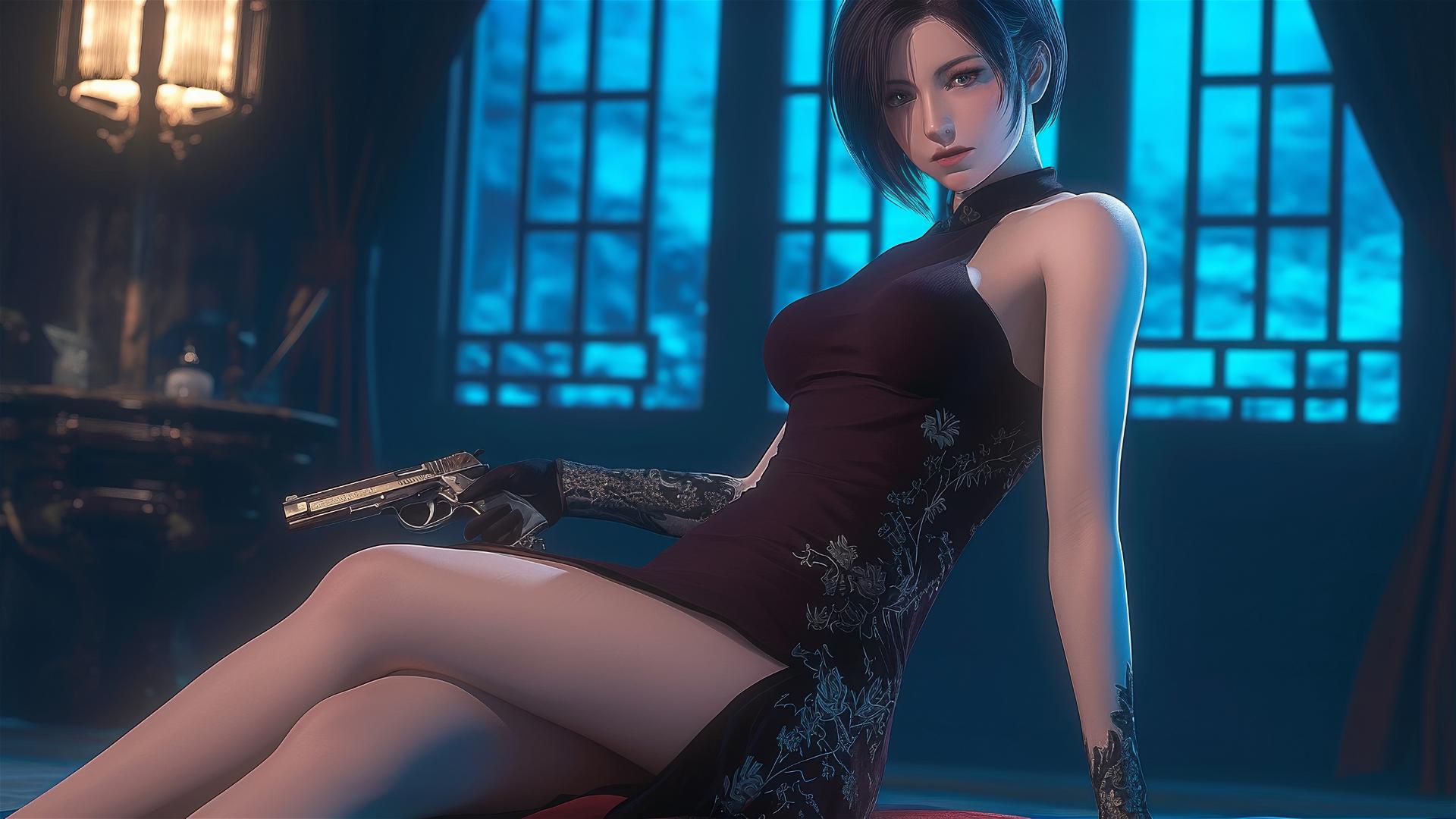 Ada Wong from Resident Evil resting in a modern hotel room under moonlight
