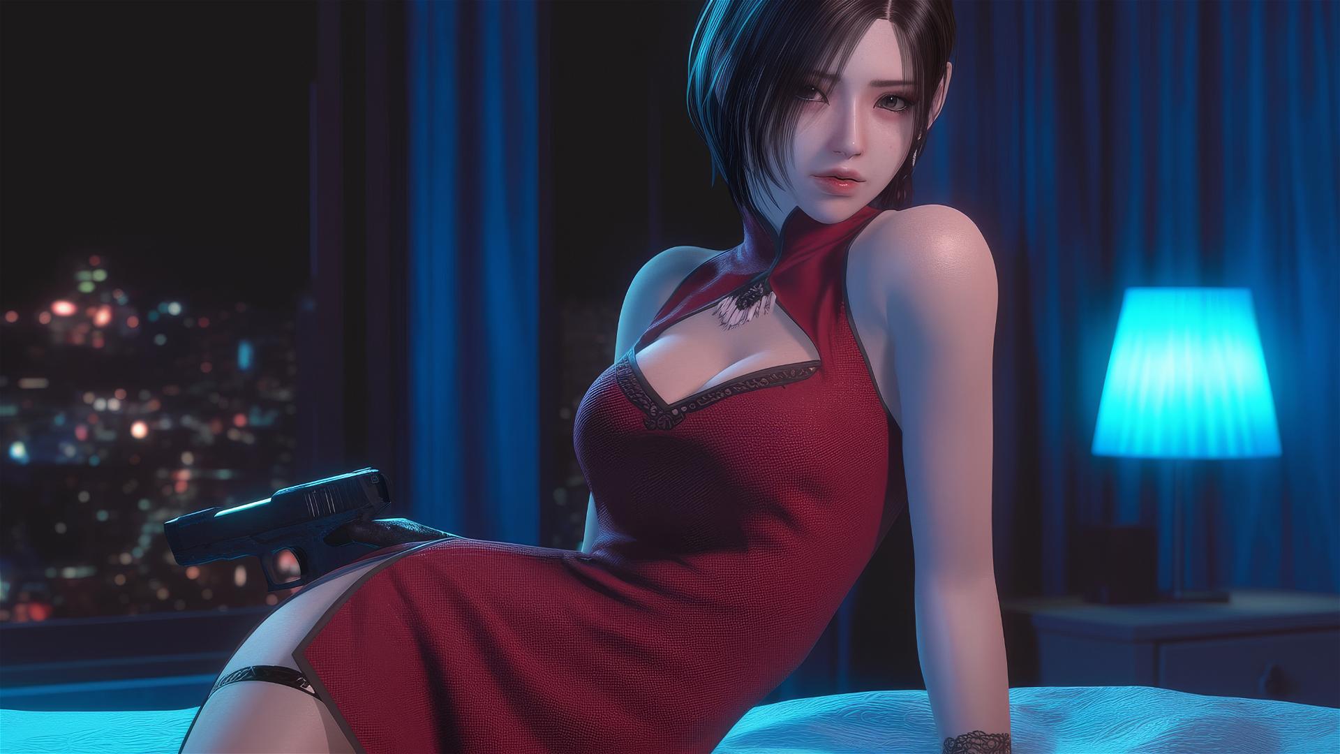 Ada Wong resting in a moonlit modern hotel room