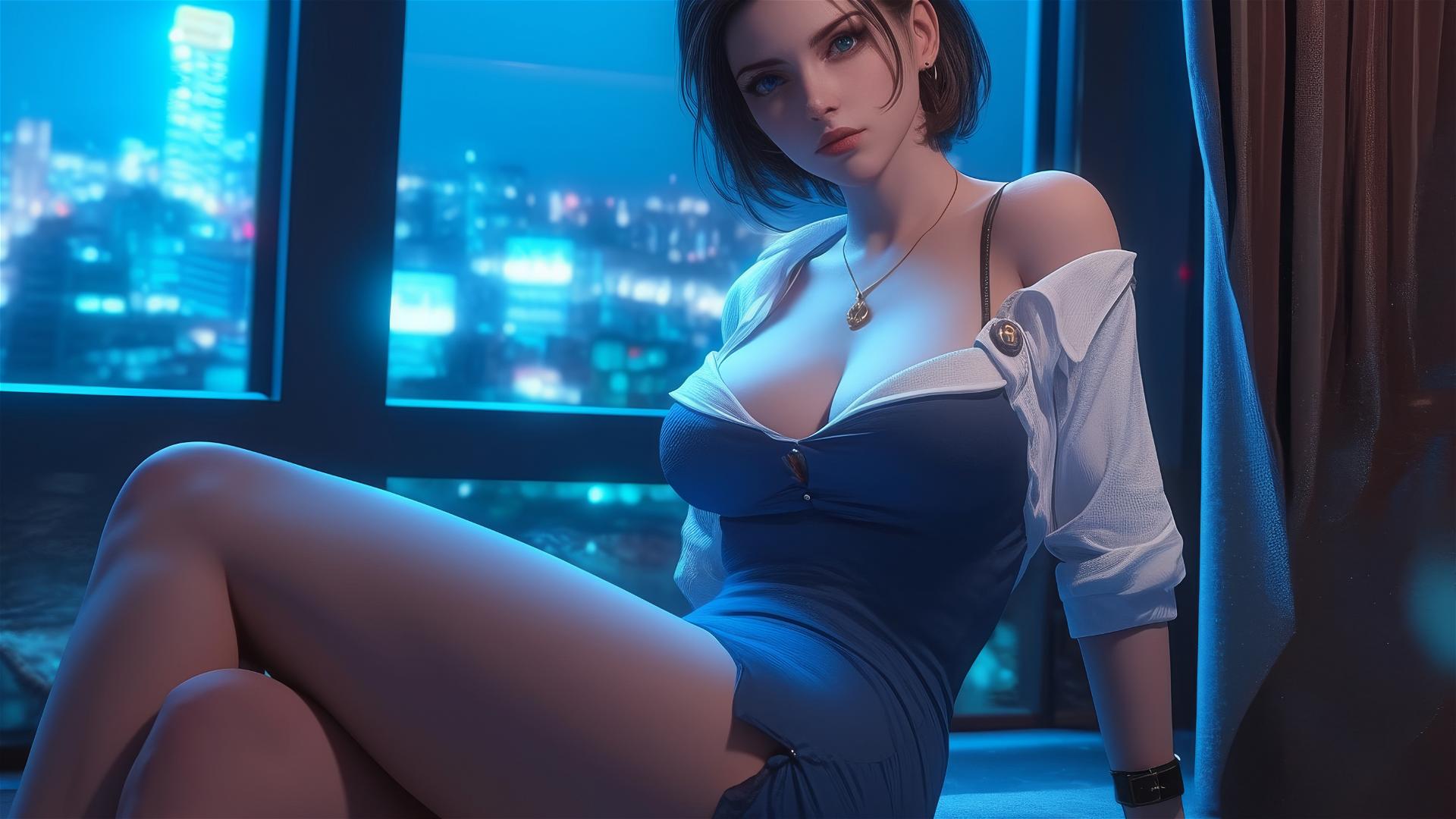 Jill Valentine in white pajamas resting in a modern hotel room with moonlight