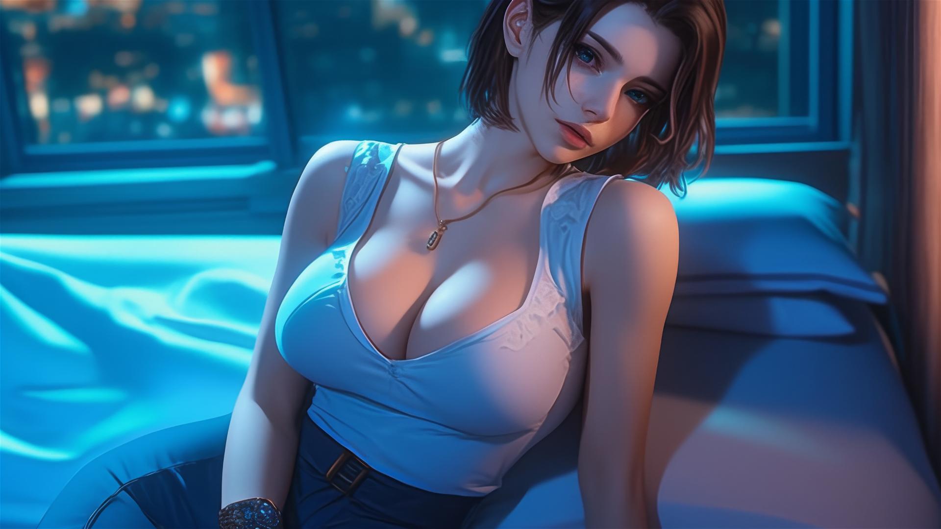 Jill Valentine resting in white pajamas in hotel room, moonlight illuminating dress