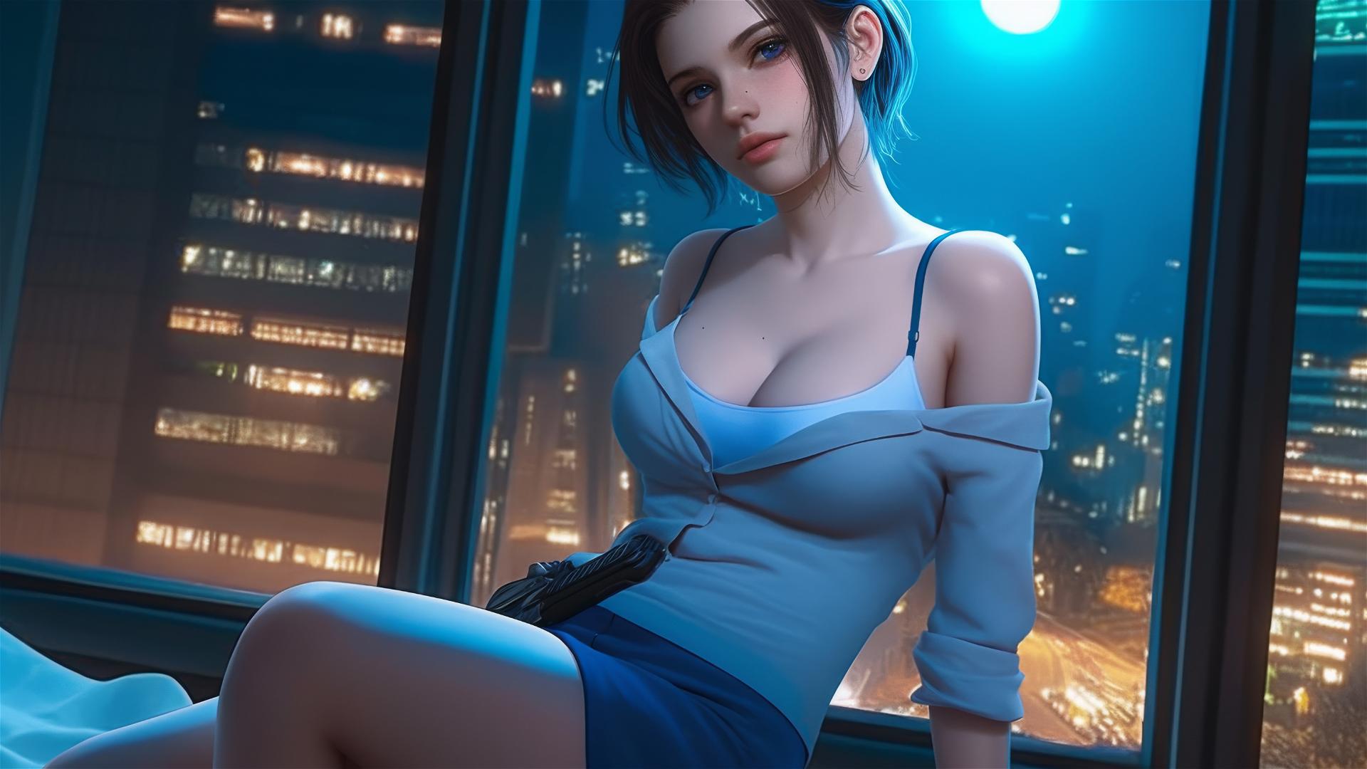 Jill Valentine in white pajamas, resting in a moonlit modern hotel room