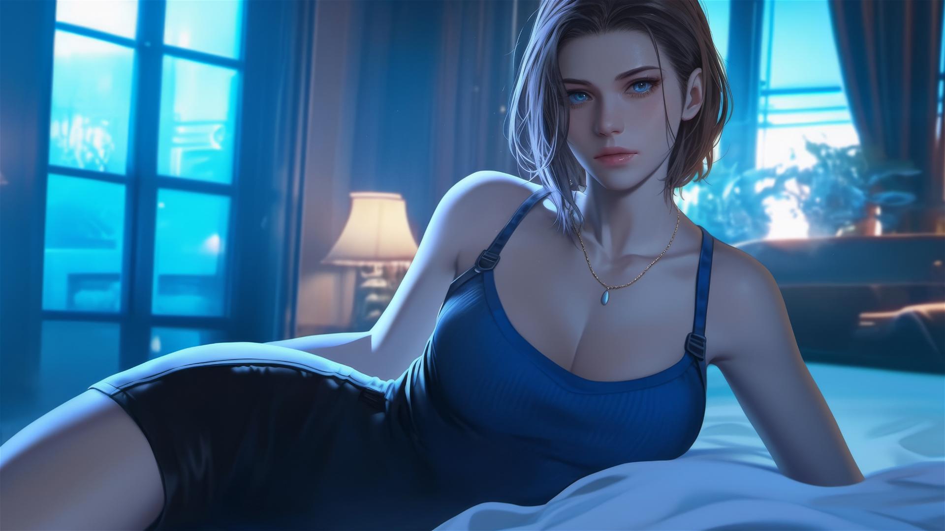 Jill Valentine resting in a modern hotel room with moonlight glow