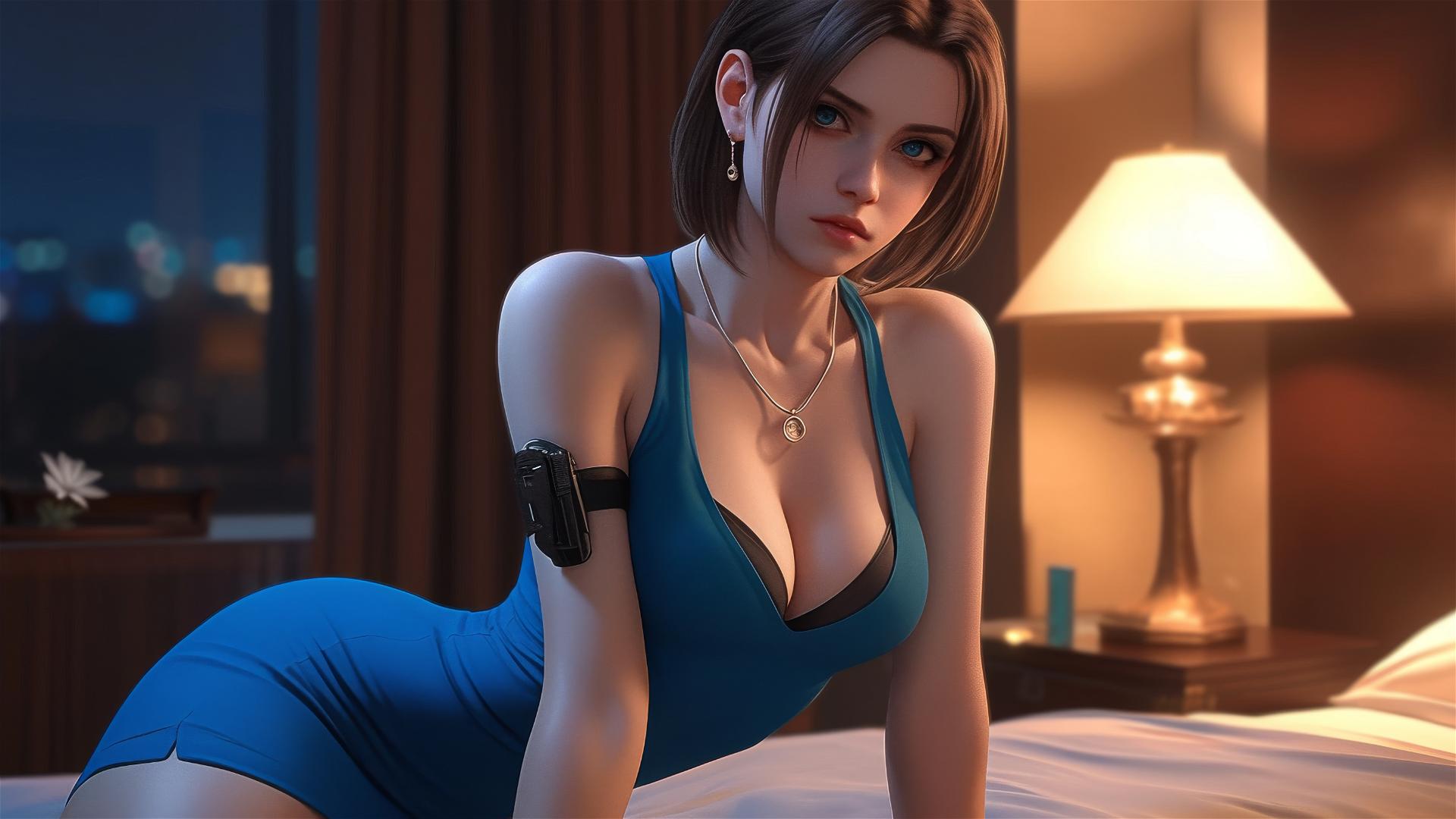 Jill Valentine resting in a modern hotel room under moonlight