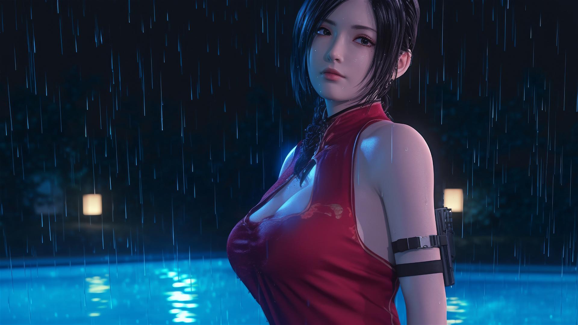 Ada Wong standing in a rainy swimming pool with moonlight glow