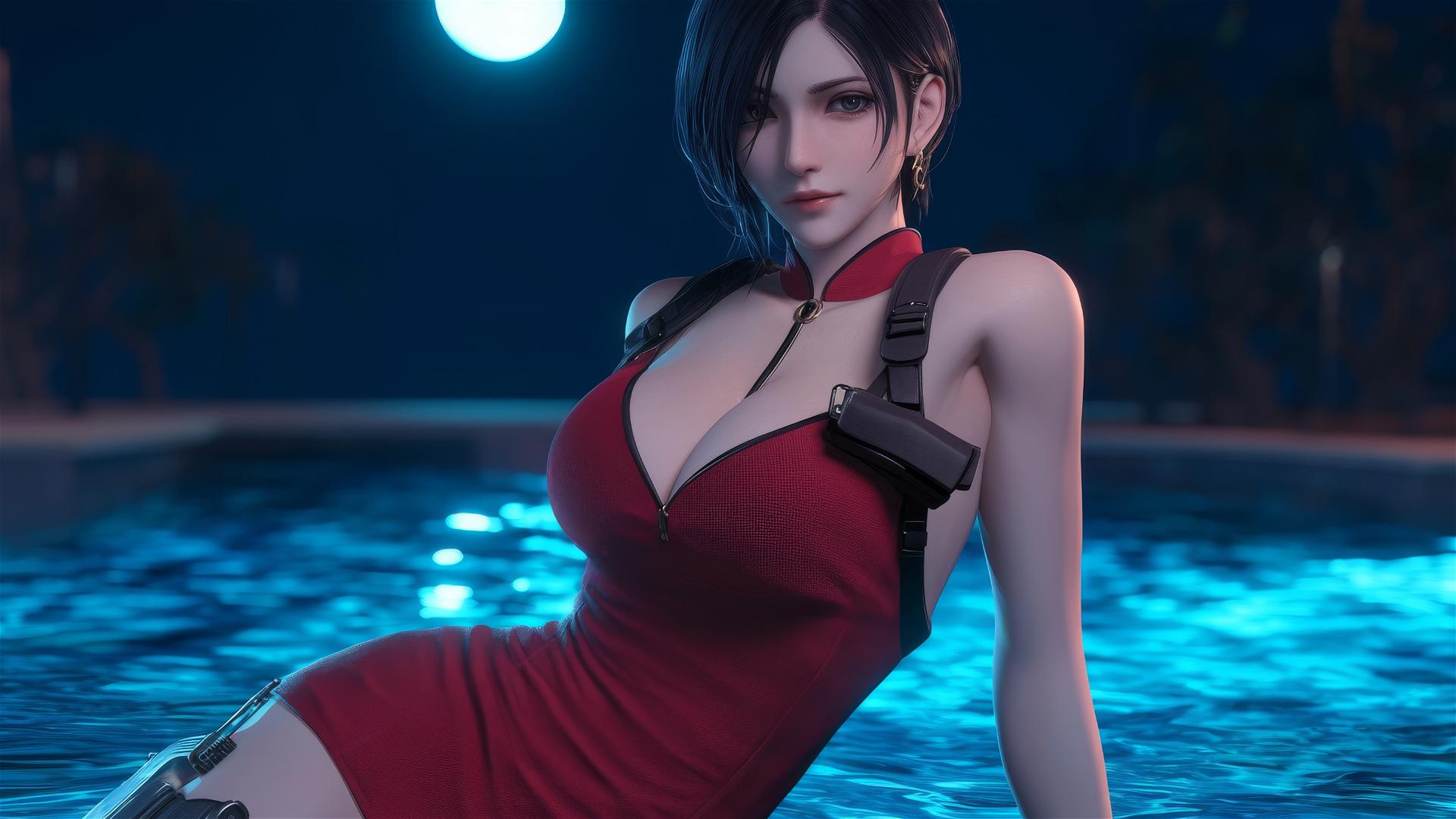 Ada Wong resting at a rainy swimming pool illuminated by moonlight