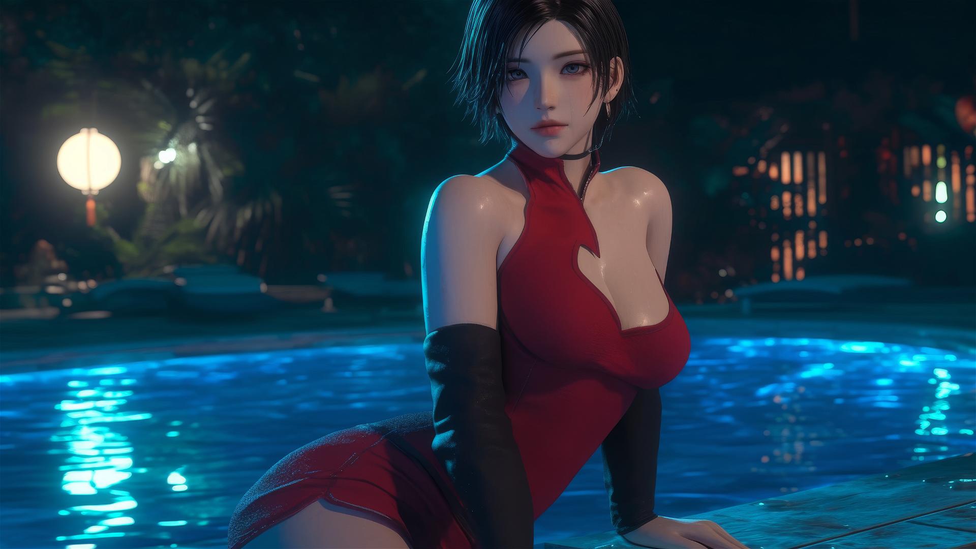 Ada Wong resting by a rainy swimming pool at night with moonlight glow