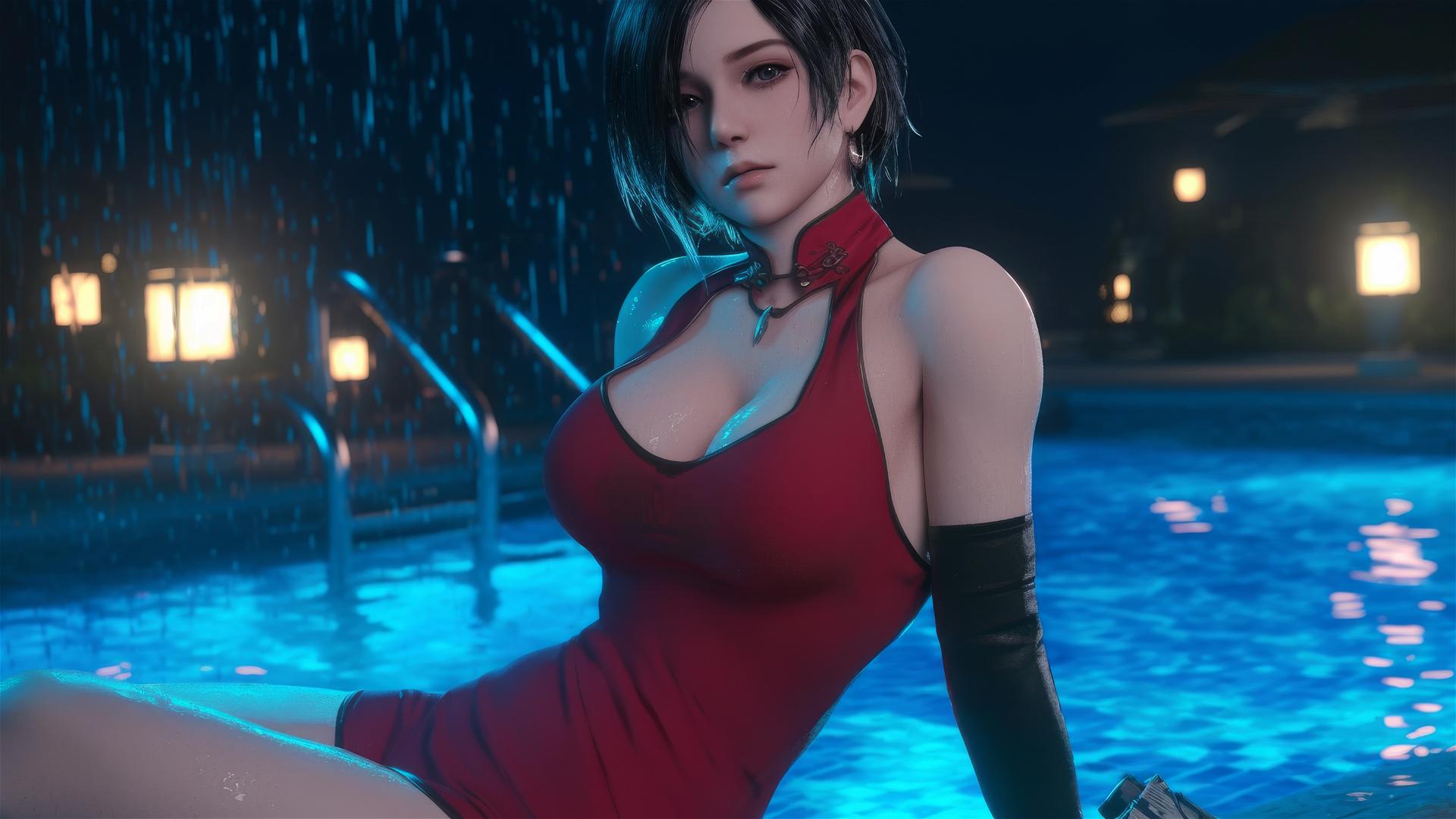 Ada Wong resting at a rainy swimming pool with moonlight glow