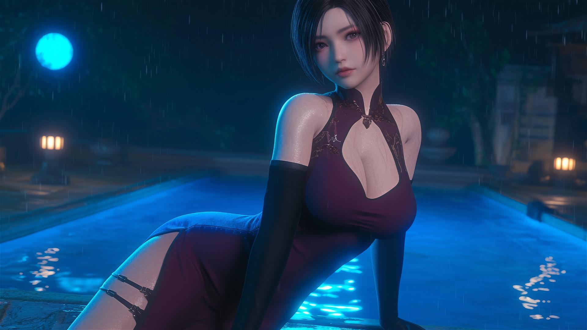 Ada Wong rests at rainy swimming pool under moonlight glow.