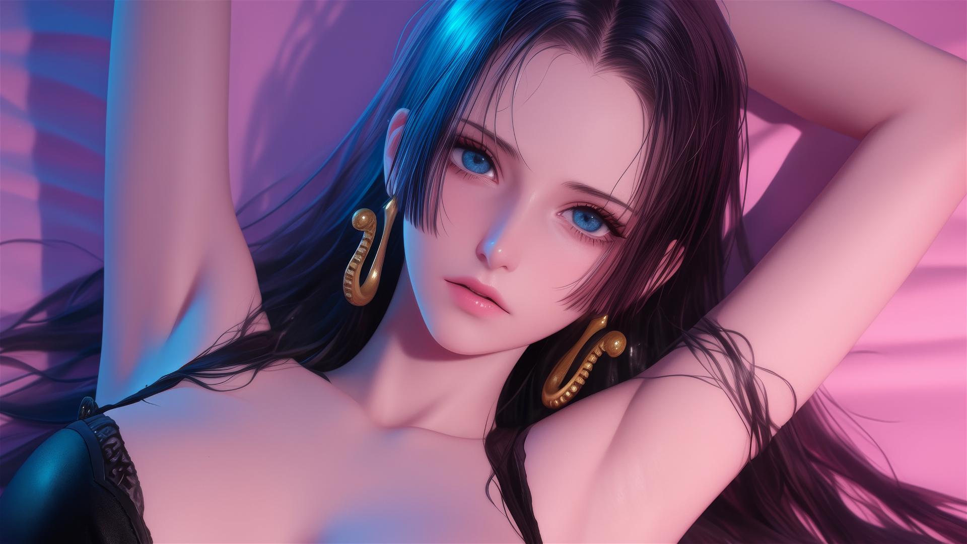 Boa Hancock from One Piece in bed, wearing black and pink leather with gold earrings