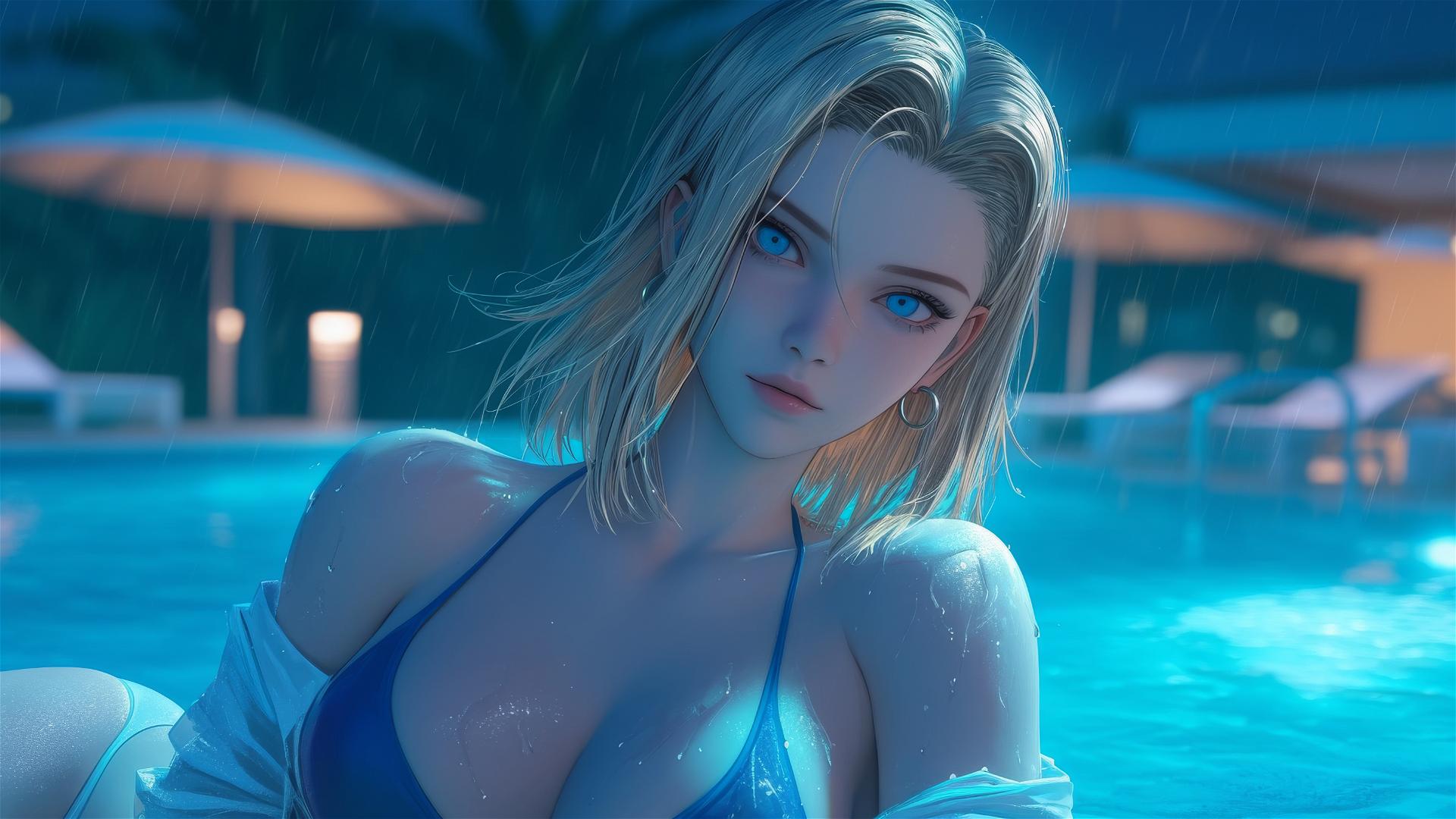 Android 18 resting by a rainy swimming pool under moonlight