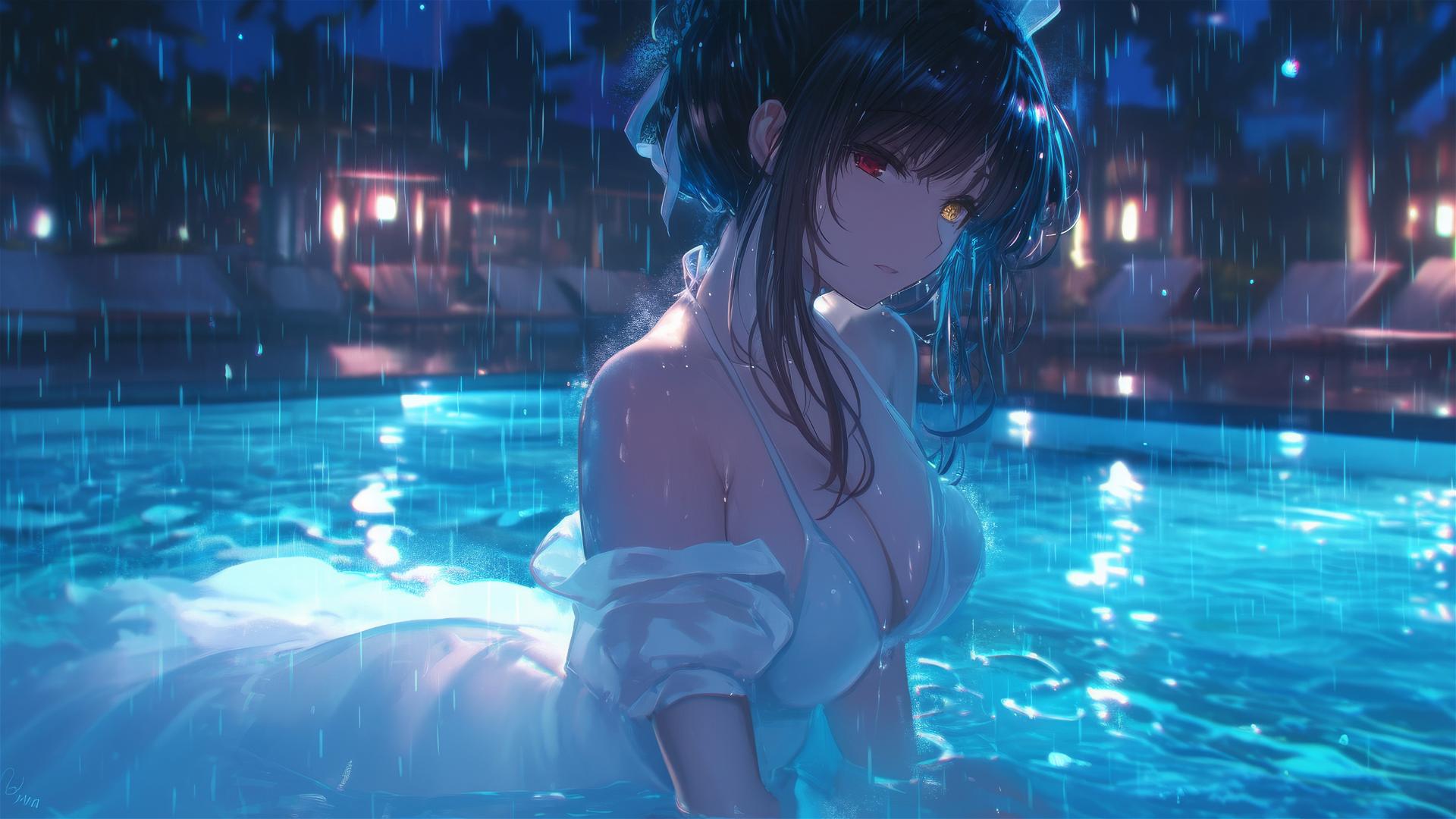 Kurumi Tokisaki standing in a rainy swimming pool under moonlight
