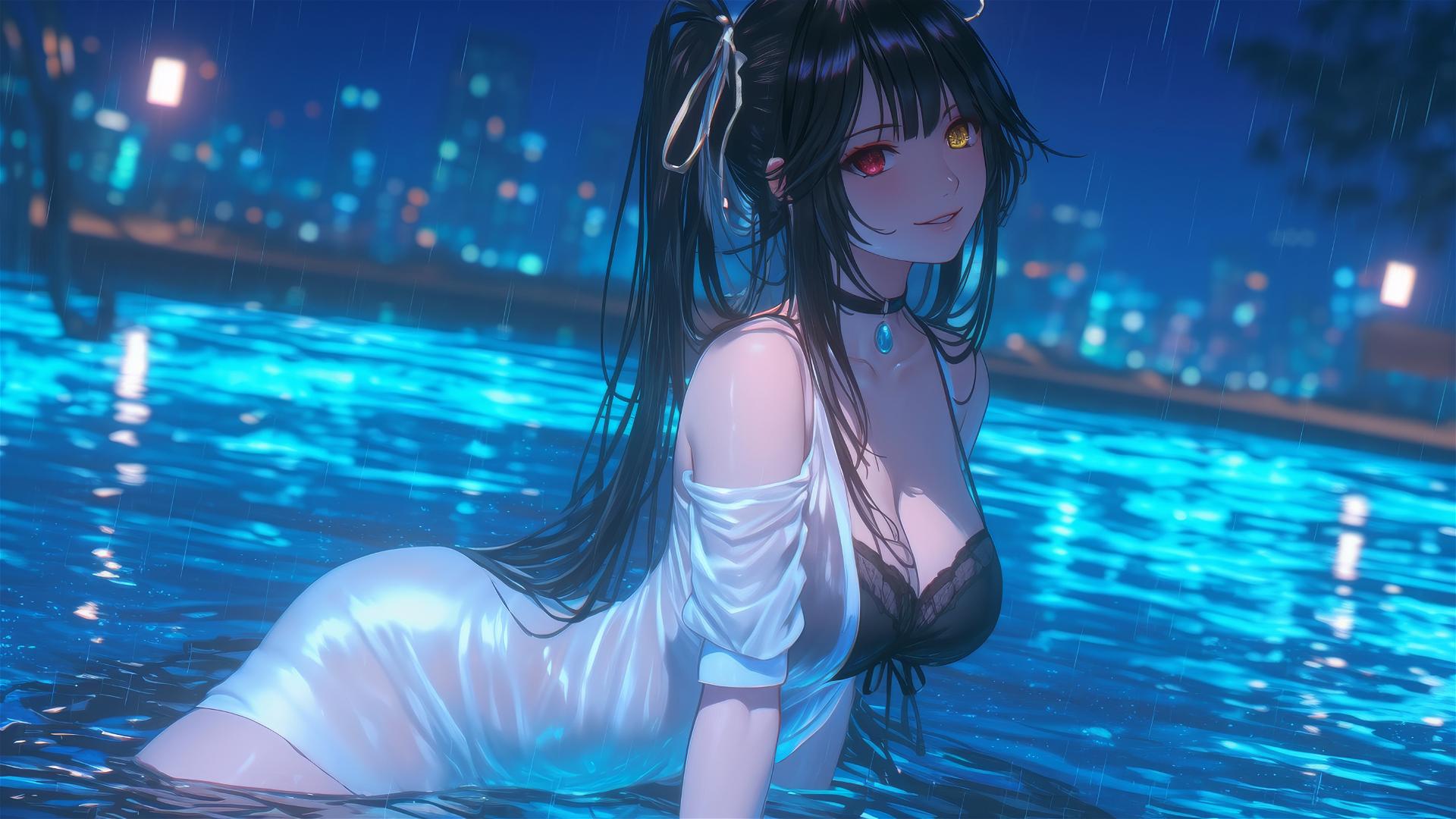 Kurumi Tokisaki from Date A Live standing in rainy pool with moonlight glow