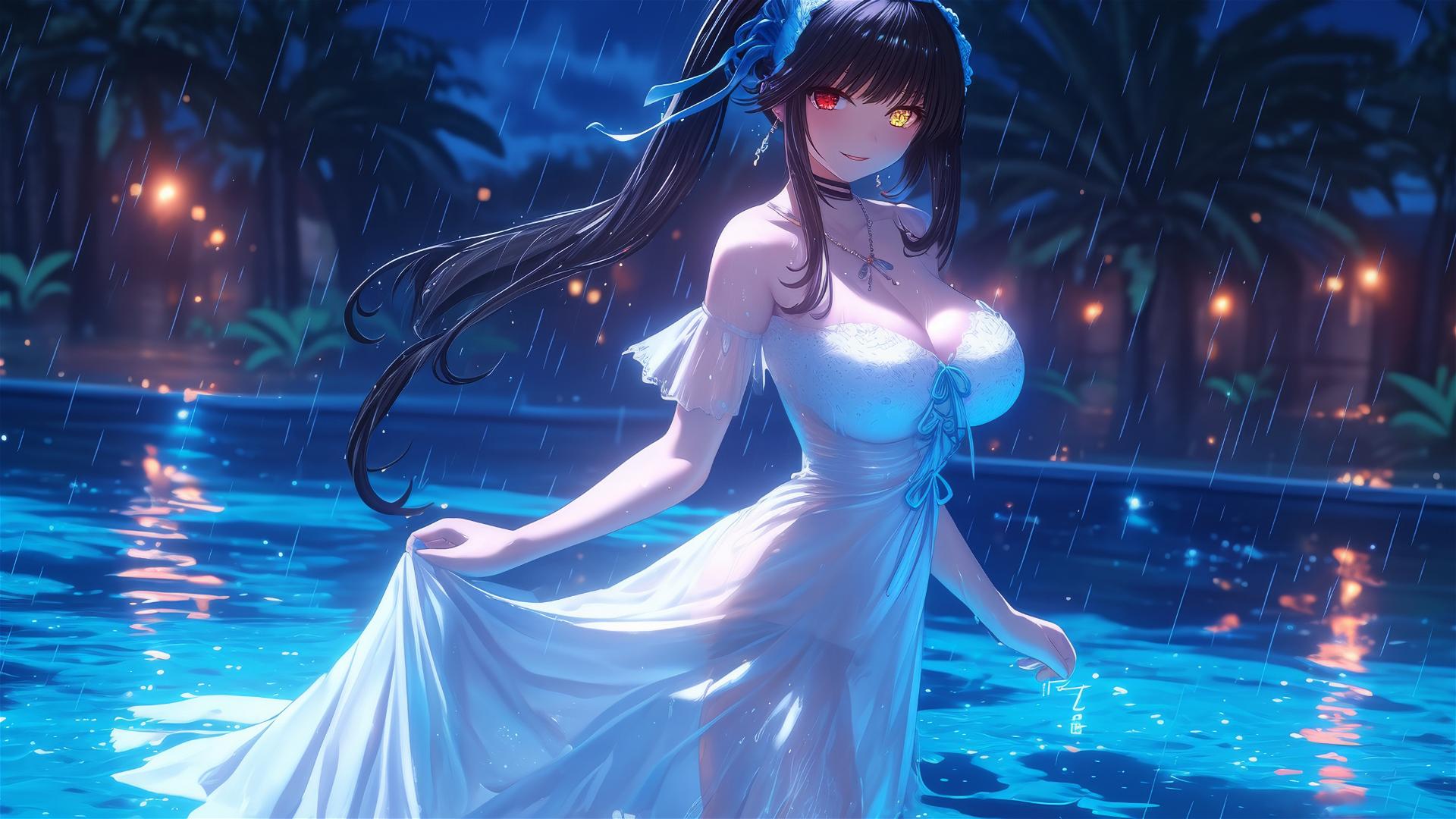 Kurumi Tokisaki standing in a rainy swimming pool under moonlight.
