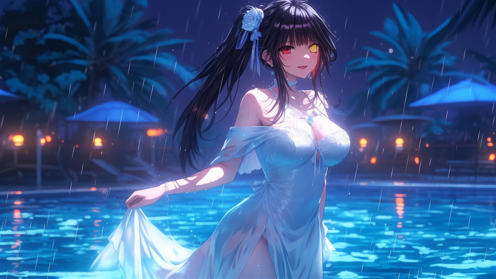 Kurumi Tokisaki stands in a rainy pool, moonlight on her white dress, red and yellow eyes.