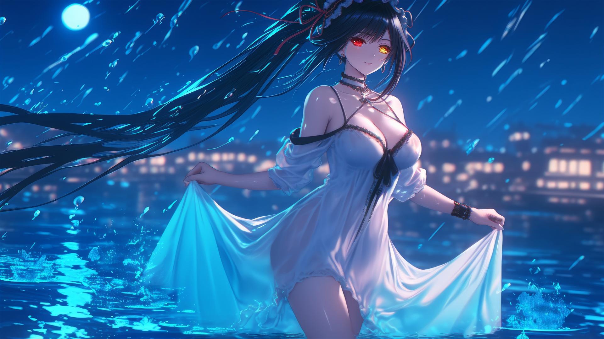 Kurumi Tokisaki in white, standing in a rainy pool under moonlight