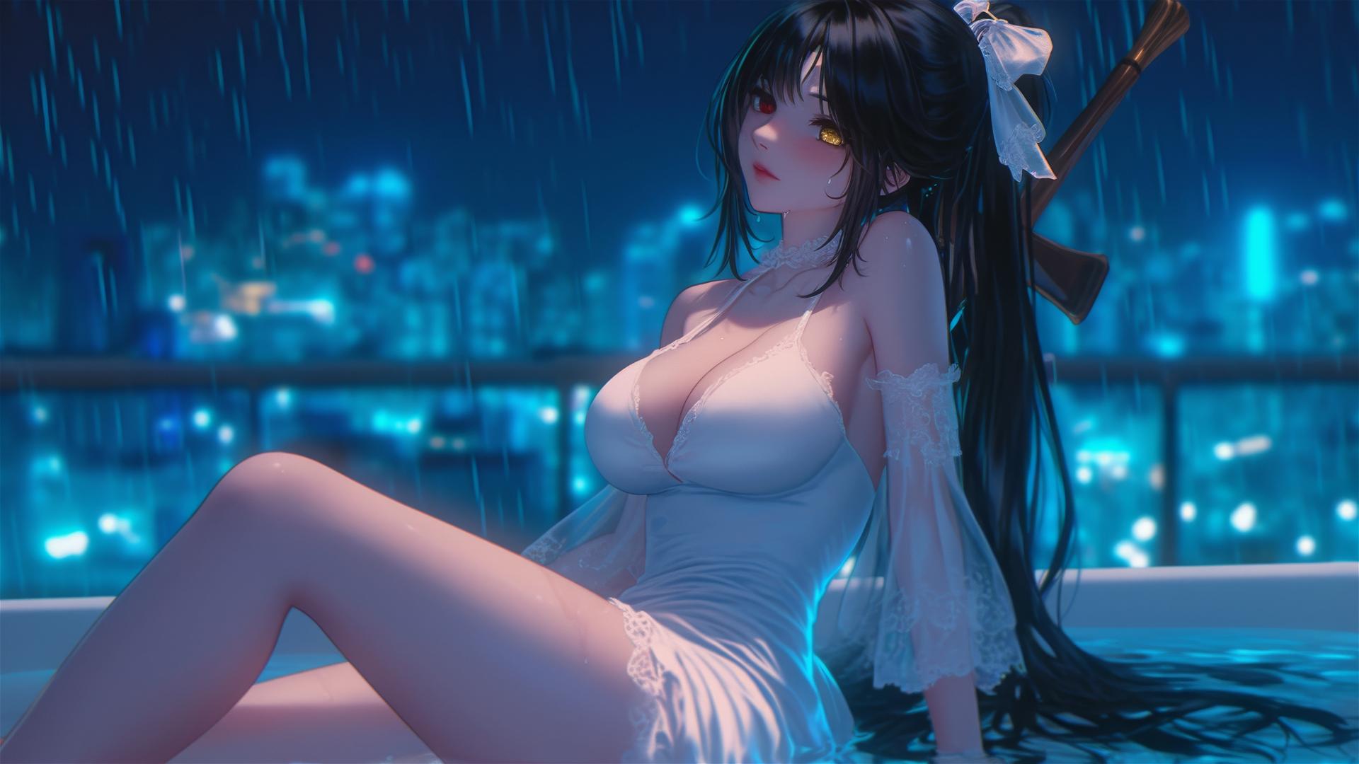 Kurumi Tokisaki from Date A Live in a tub, moonlight casting a glow, with one red and one yellow eye