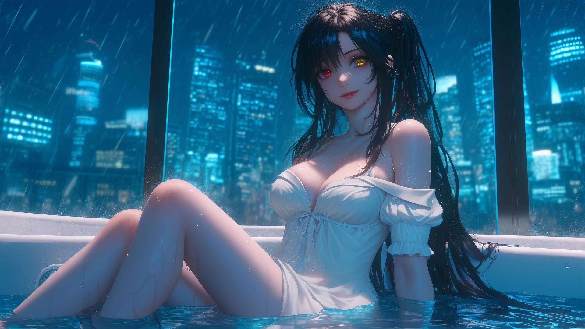 Kurumi Tokisaki from Date A Live in a tub with moonlight glow, red and yellow eyes