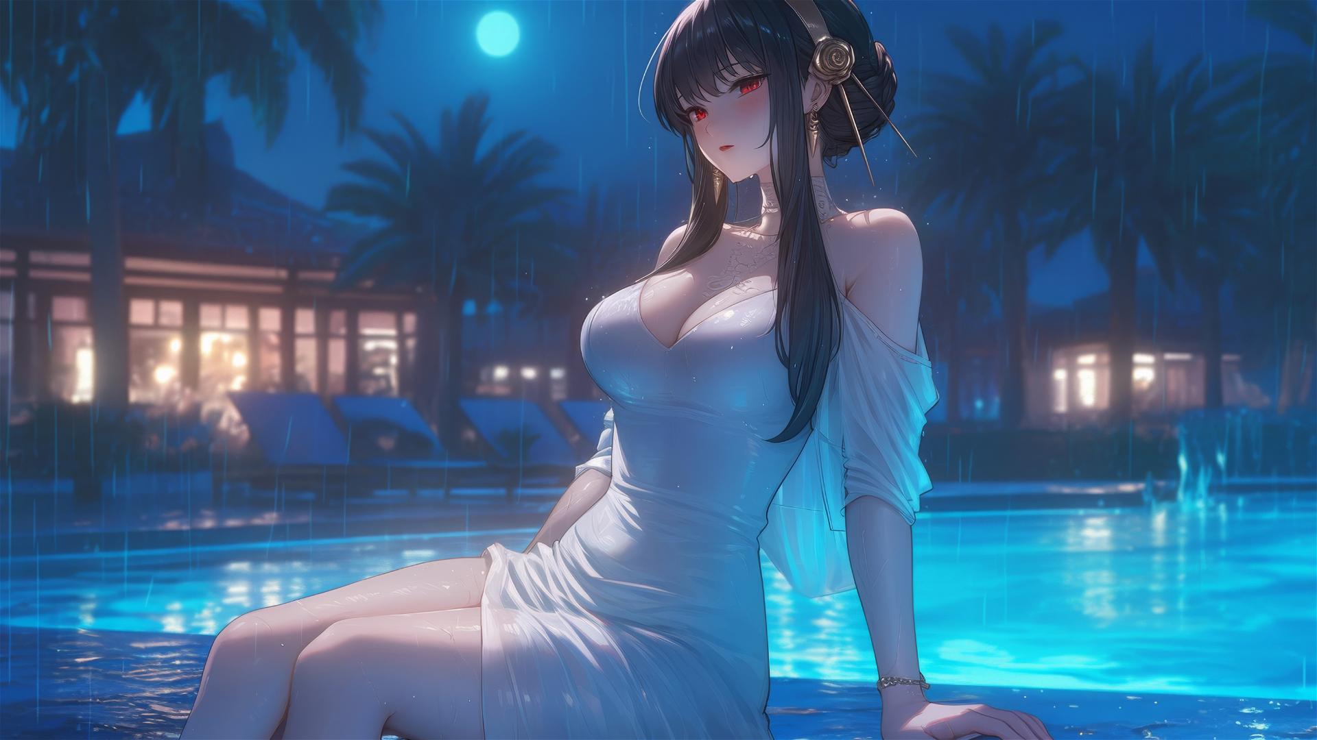 Yor Forger from Spy x Family in a pure white dress resting by a rainy pool under moonlight.