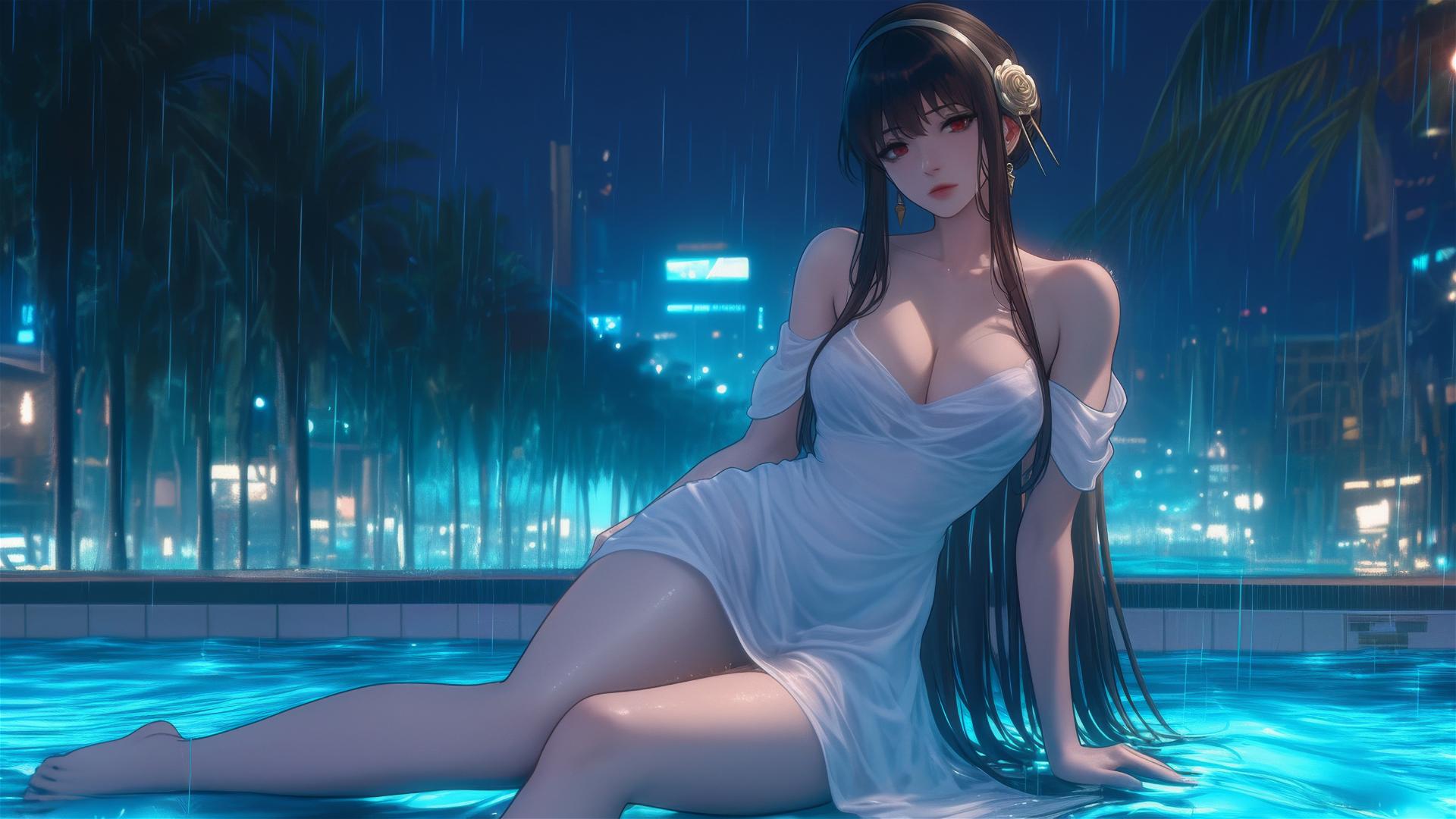 Yor Forger resting by a rainy swimming pool in a white dress under moonlight