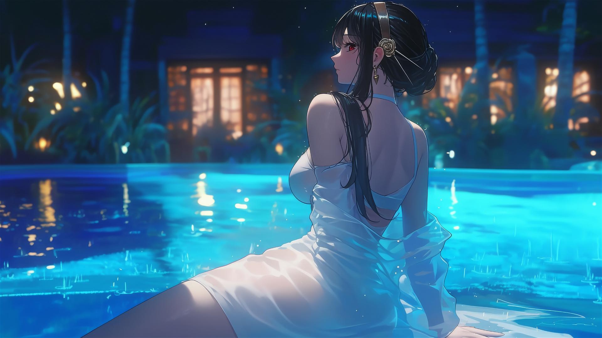 Yor Forger in white dress, resting at rainy pool under moonlight
