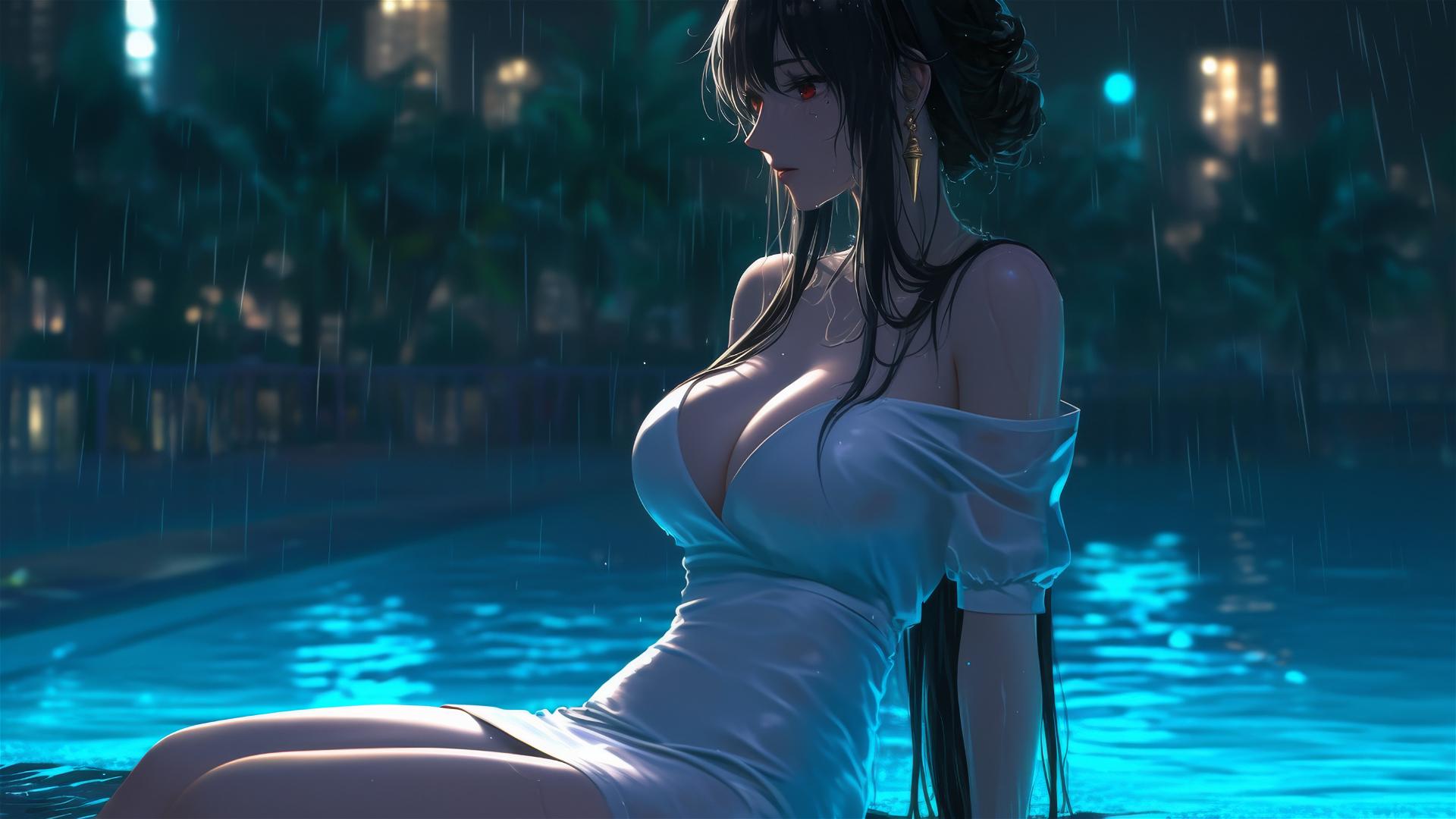 Yor Forger in white dress resting by pool in moonlight and rain