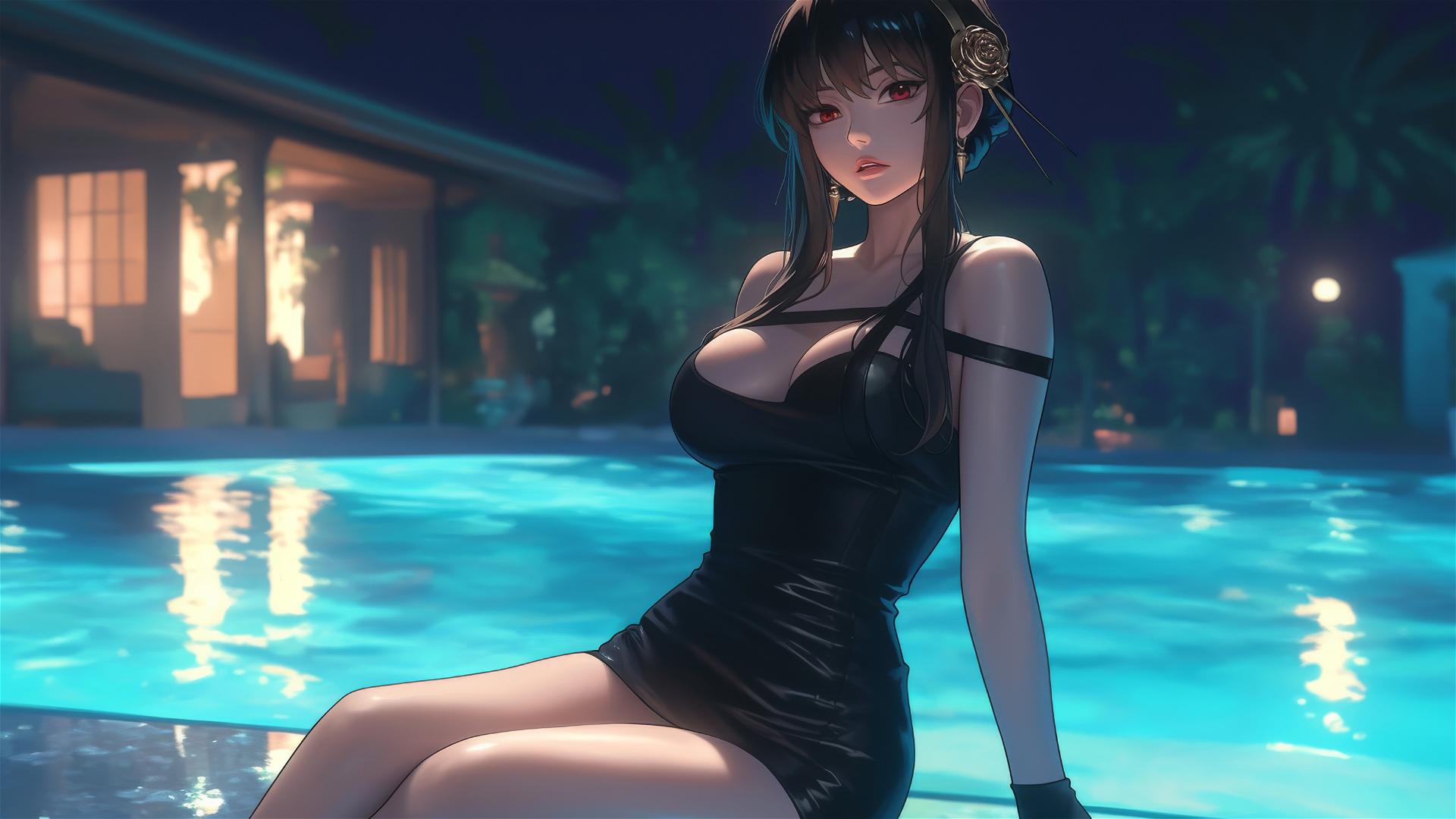Yor Forger in Bunny girl outfit resting at a pool under moonlight.