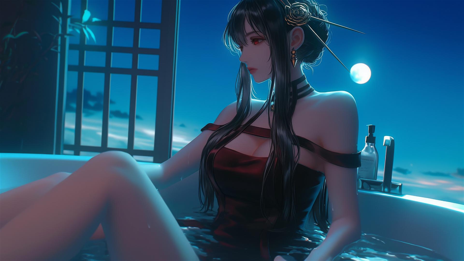 Yor Forger resting in a tub with moonlight casting a glow