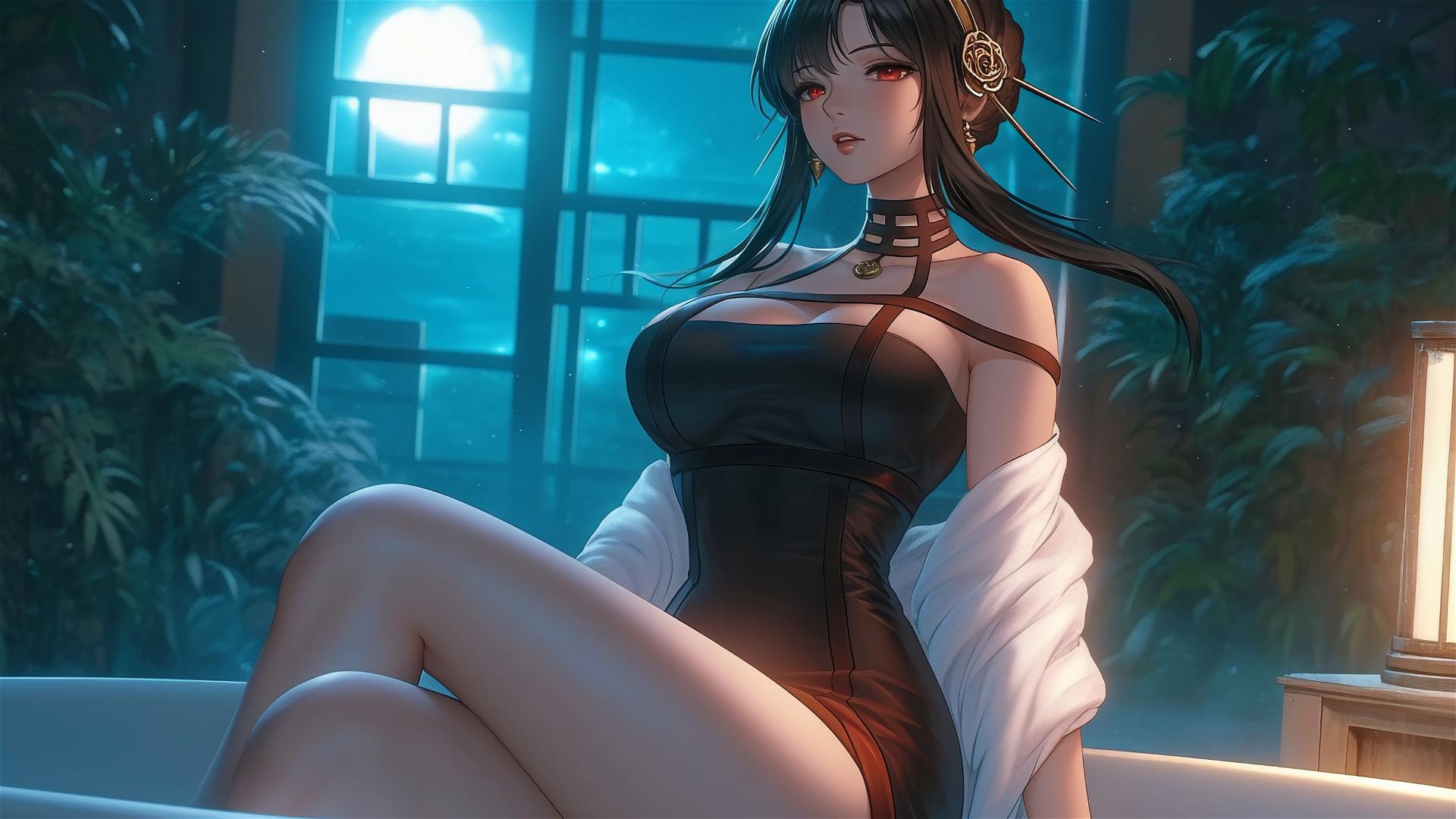 Yor Forger resting in a tub with moonlight glowing on her